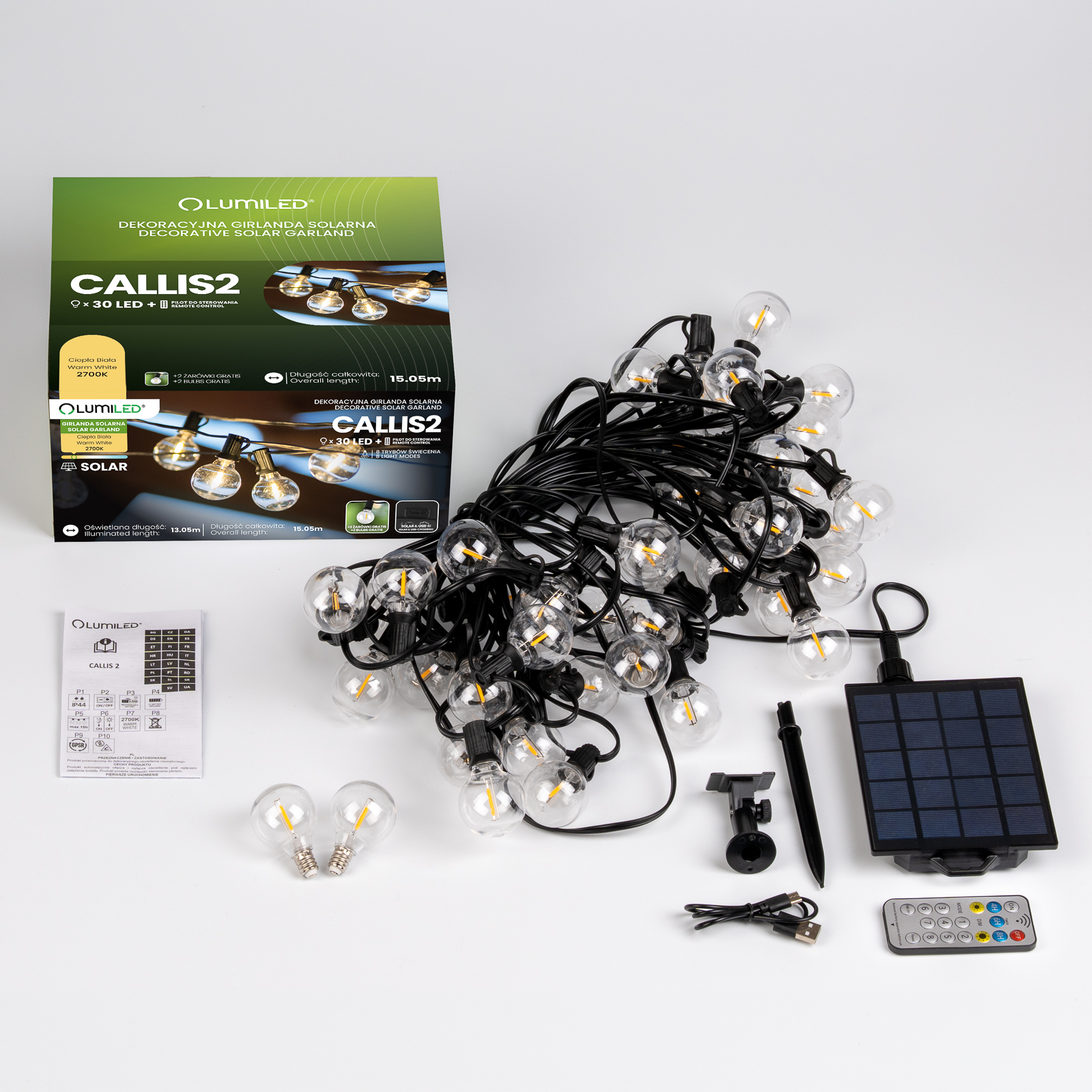 Girlanda Solarna Ogrodowa 30x LED Ozdobne Kuleczki 15,05m 2700K Ciepła + Pilot CALLIS2 LUMILED - skład produktu