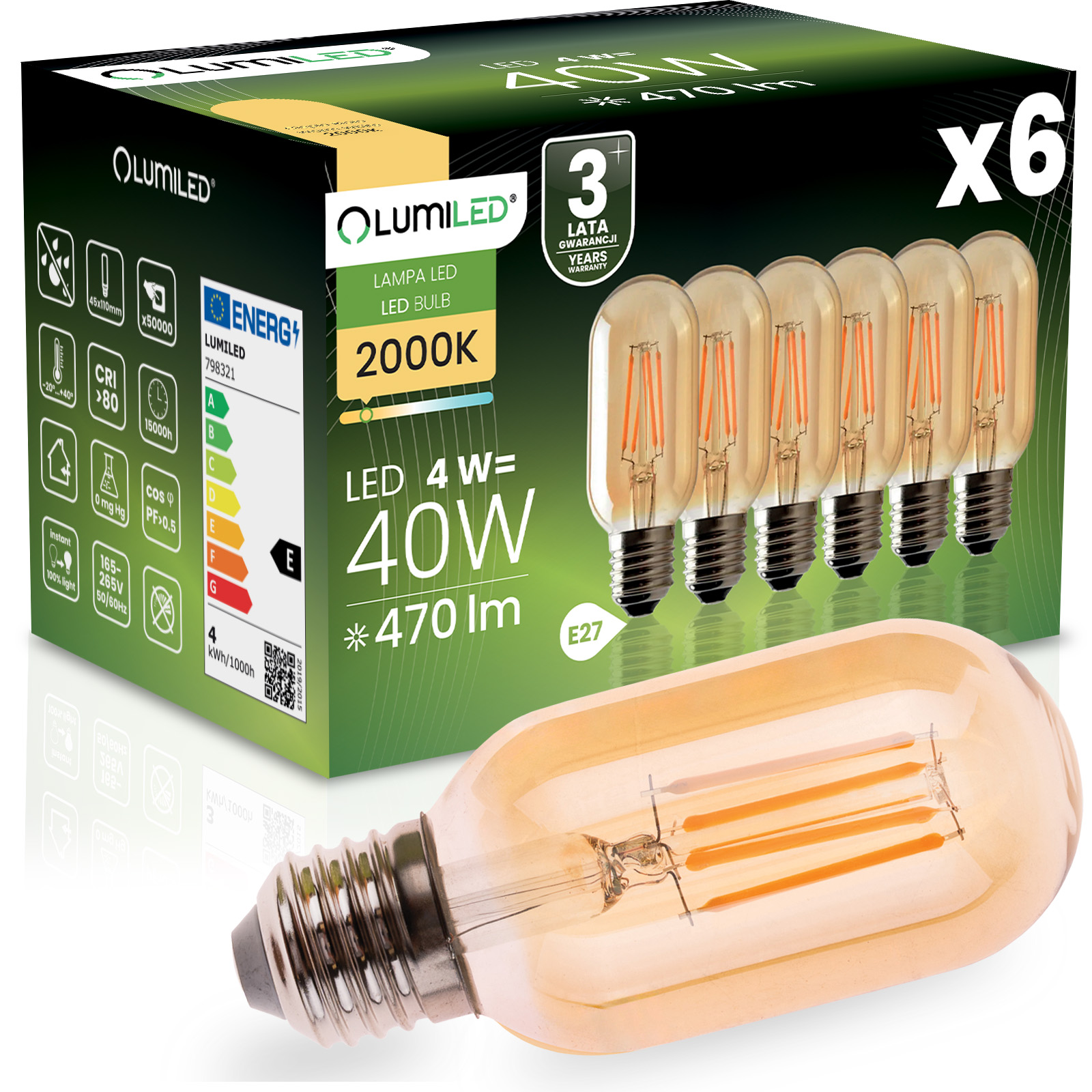 6x Żarówka LED E27 T45 4W = 40W 470LM 2000K Ciepła 360° Filament Amber LUMILED - główne zdjęcie produktu