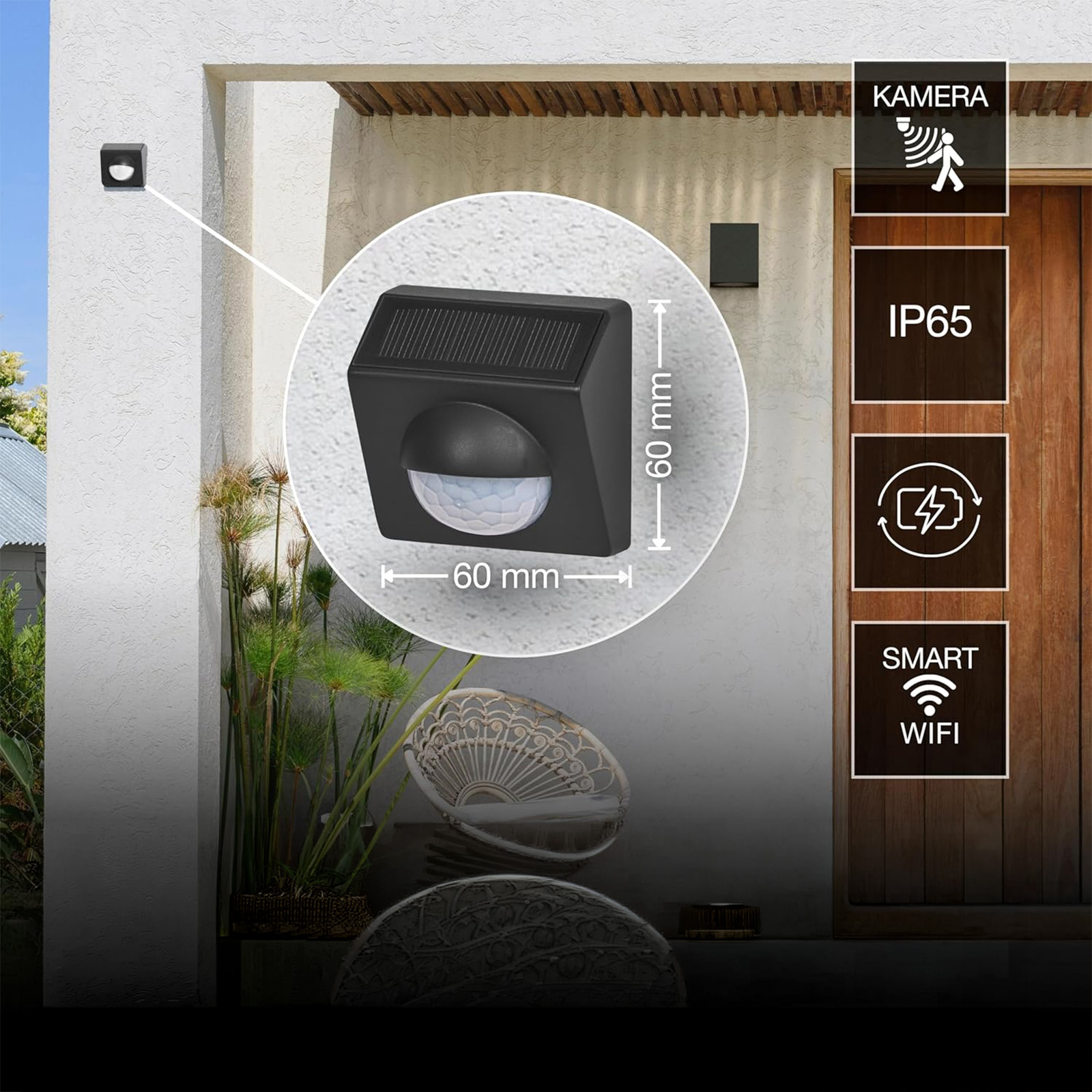 Czujnik Ruchu Zewnętrzny Solarny Bezprzewodowy 120° IP65 USB-C Szary SMART WiFi 2.4GHz Osram - pierwsza cecha produktu