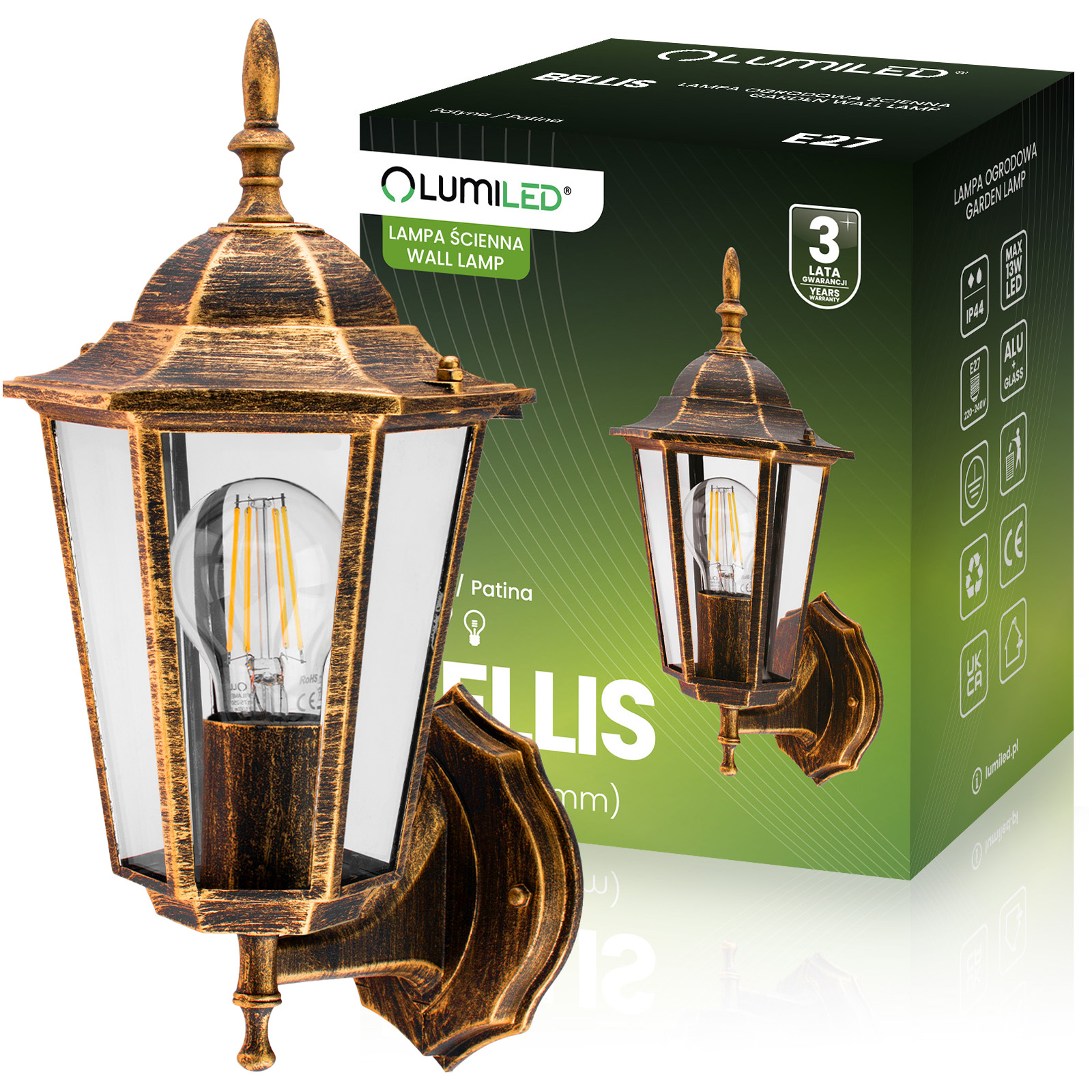Kinkiet Ogrodowy Elewacyjny Zewnętrzny E27 LATARNIA do GÓRY Patyna BELLIS LUMILED - główne zdjęcie produktu
