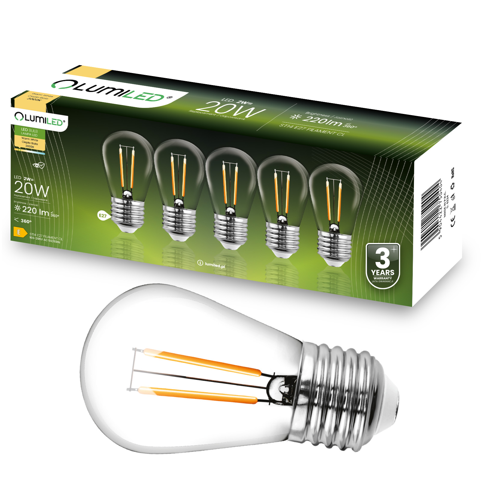 Żarówka LED E27 Edison ST14 2W = 20W 220lm 3000K Ciepła 360° FILAMENT LUMILED - główne zdjęcie produktu