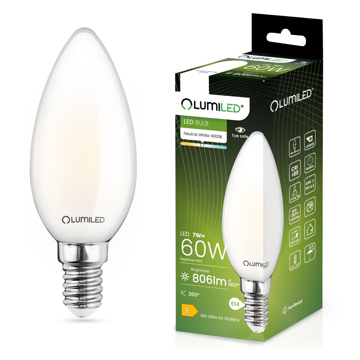 Żarówka LED E14 Świeczka B35 7W = 60W 806lm 4000K Neutralna 360° FILAMENT LUMILED - główne zdjęcie produktu