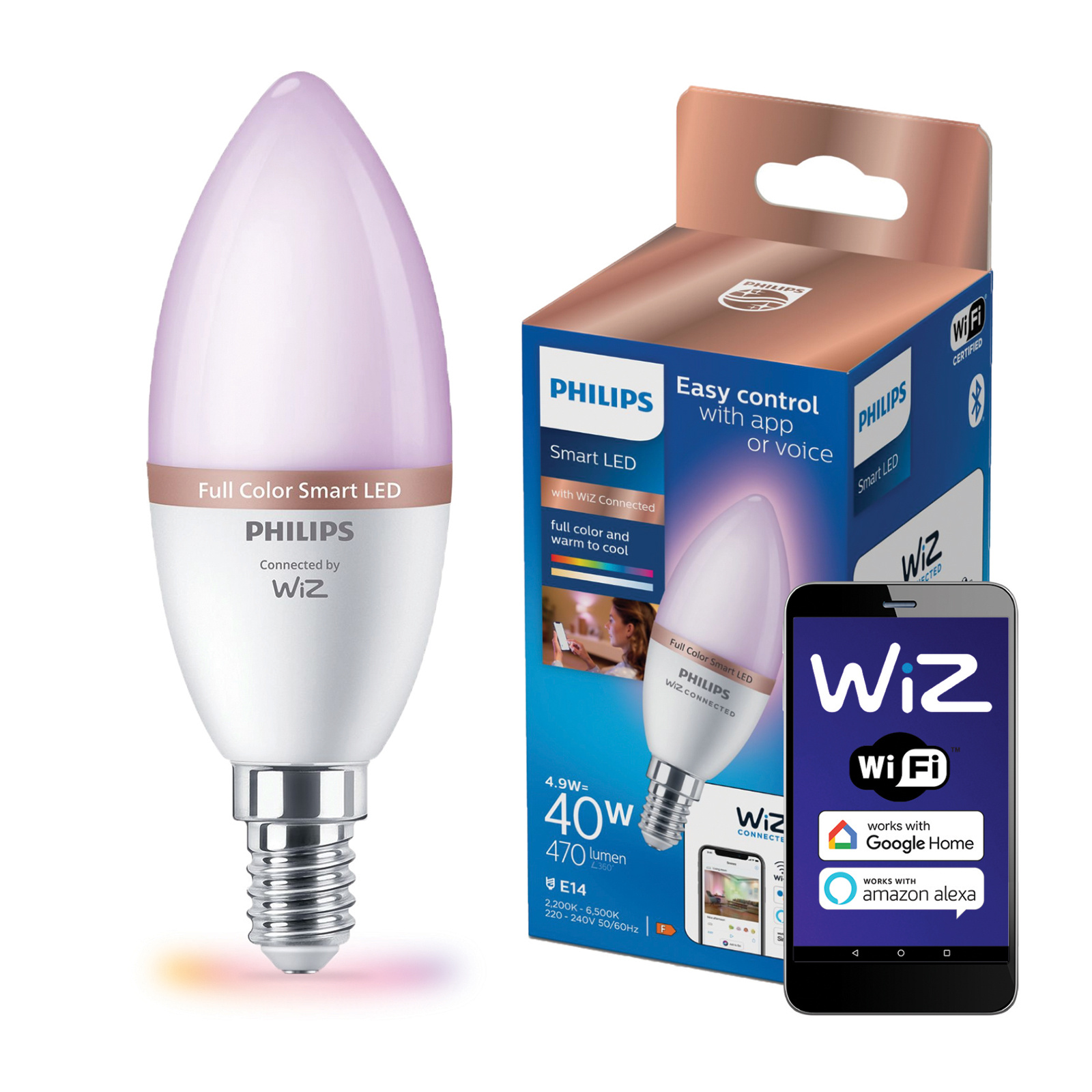 Żarówka LED E14 Świeczka C37 4.9W = 40W 470lm 2200-6500K RGB + TW Inteligentna SMART WiFi Bluetooth Aplikacja WiZ Philips - główne zdjęcie produktu