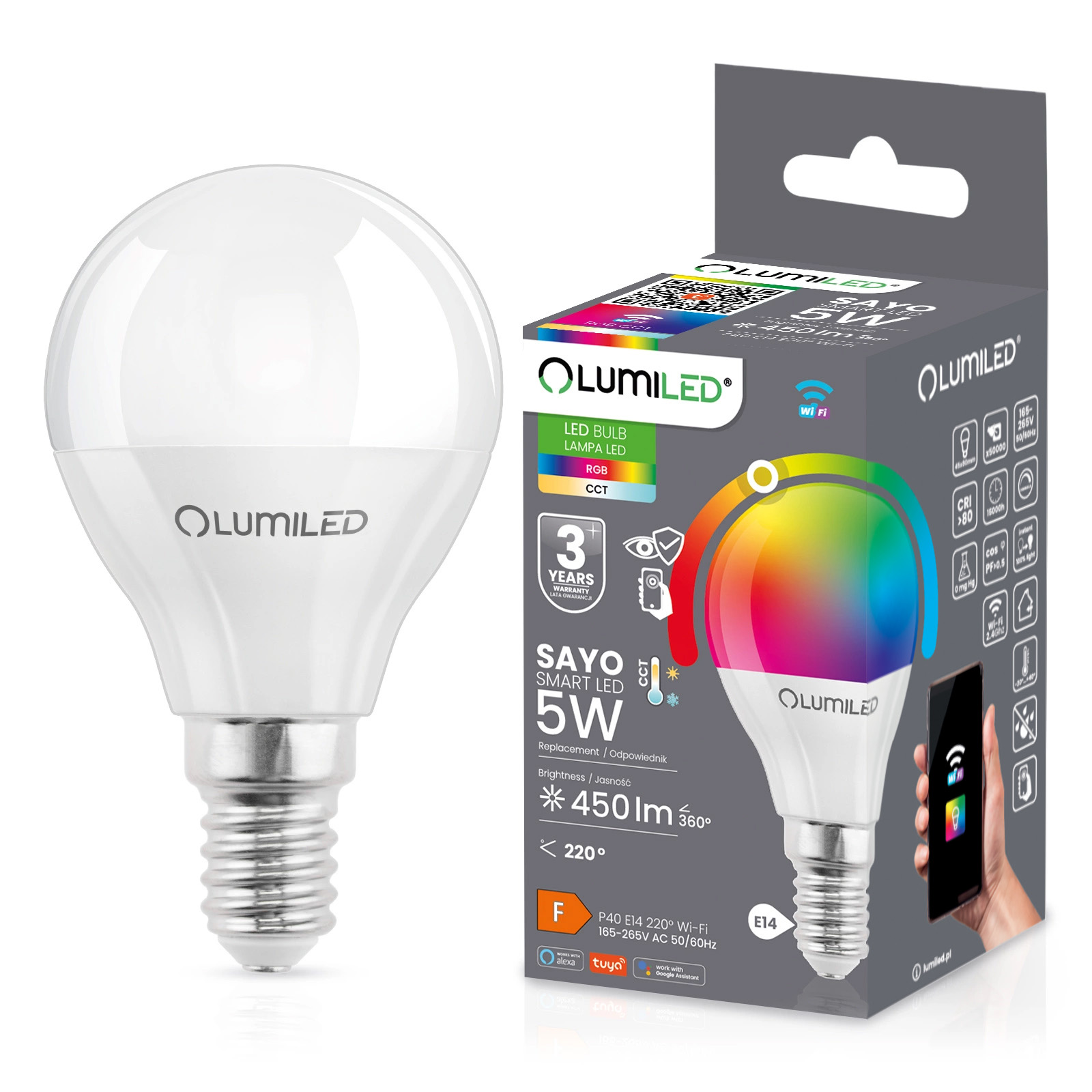 Żarówka LED E14 P40 KULKA 5W = 40W 450lm RGB CCT Ściemnialna Inteligentna TUYA WiFi SMART SAYO LUMILED - główne zdjęcie produktu