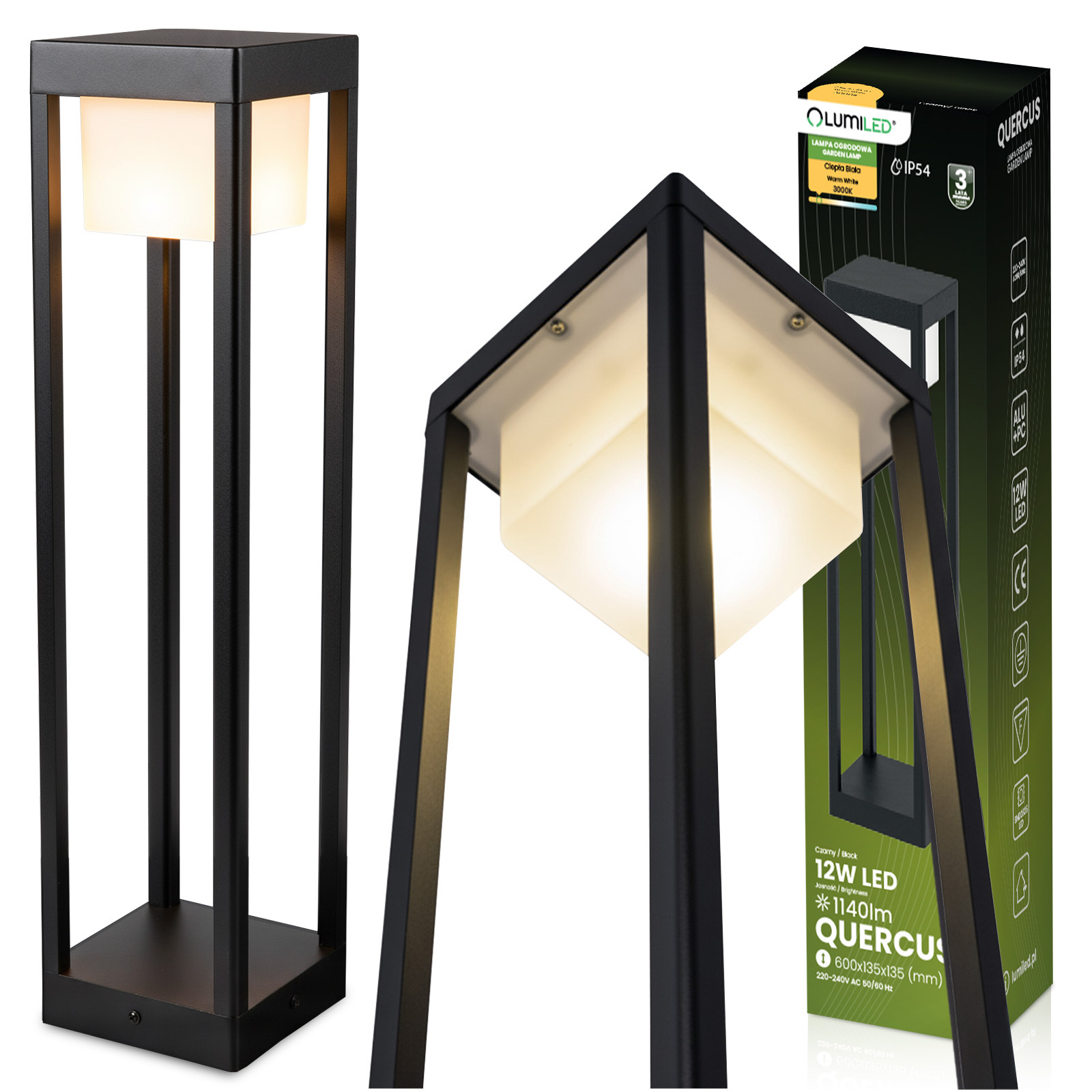 Lampa Ogrodowa Słupek Zewnętrzny Stojący LED 12W 3000K 60cm Czarny QUERCUS LUMILED - główne zdjęcie produktu