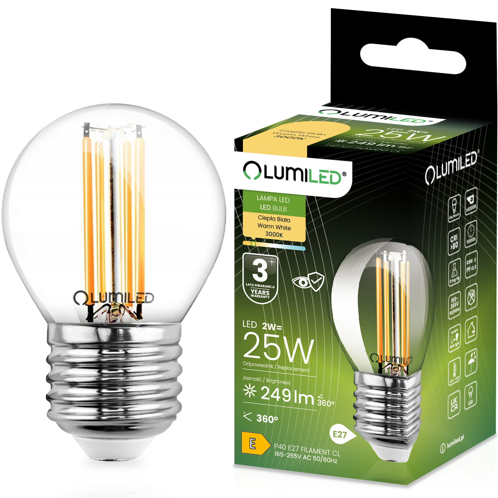 Żarówka LED E27 Kulka P45 2W = 25W 249lm 3000K Ciepła 360° FILAMENT LUMILED - główne zdjęcie produktu