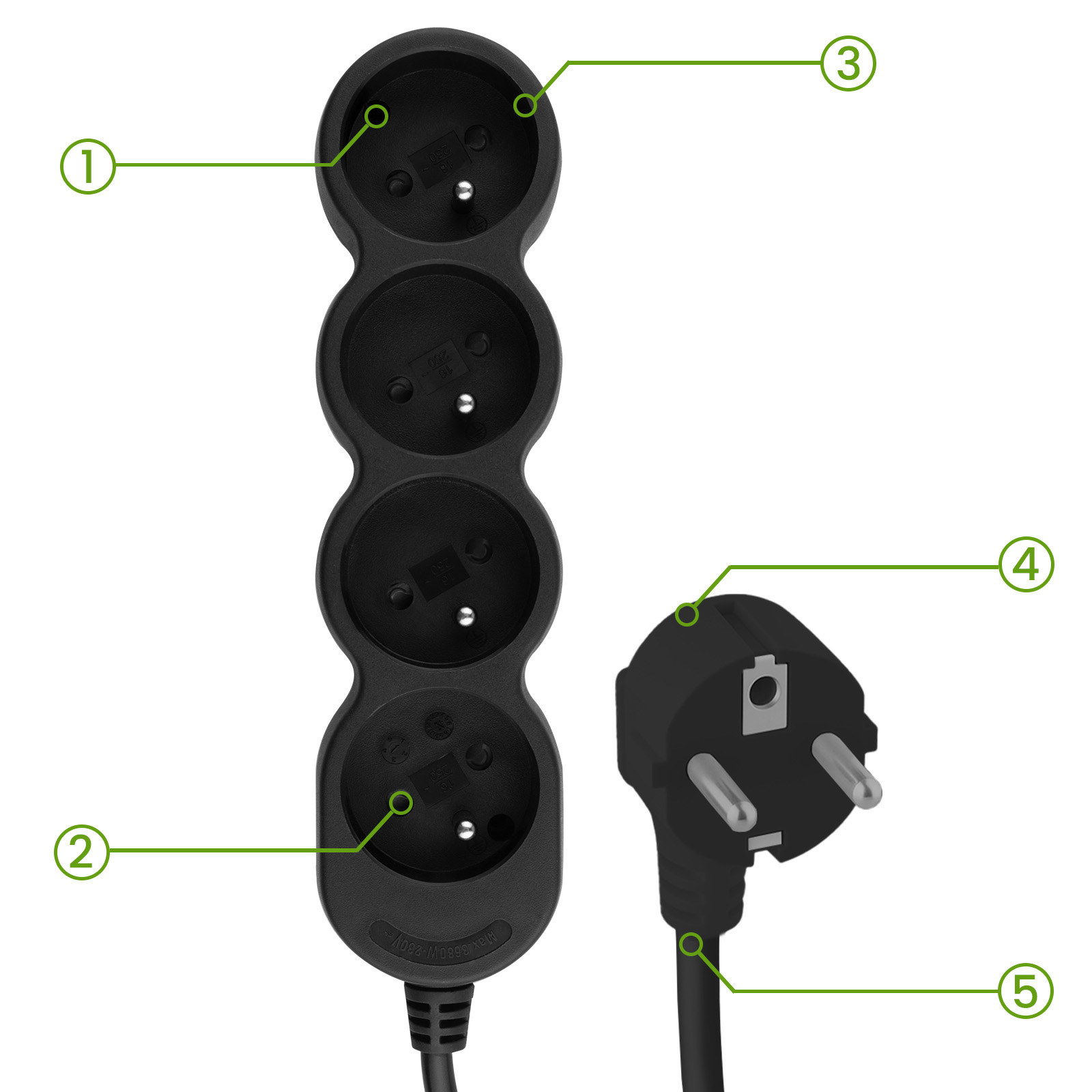 Przedłużacz Sieciowy Kabel z Uziemieniem Listwa Zasilająca 4 Gniazda 3m Czarny Sznur Lendo Lumiled - druga cecha produktu