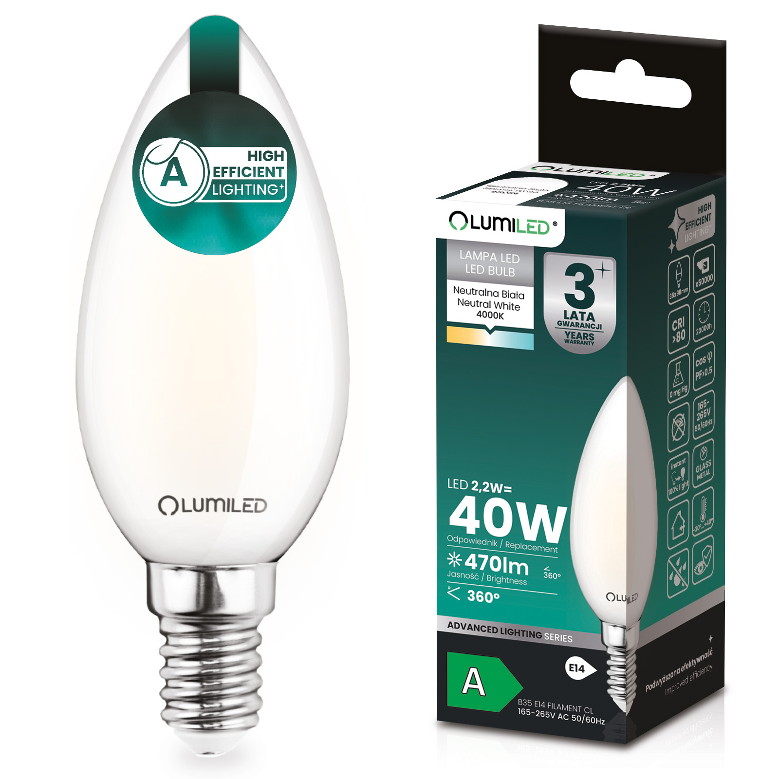 Żarówka LED E14 Świeczka B35 2,2W 470lm = 40W 4000K Neutralna 360° Filament KLASA A LUMILED - główne zdjęcie produktu