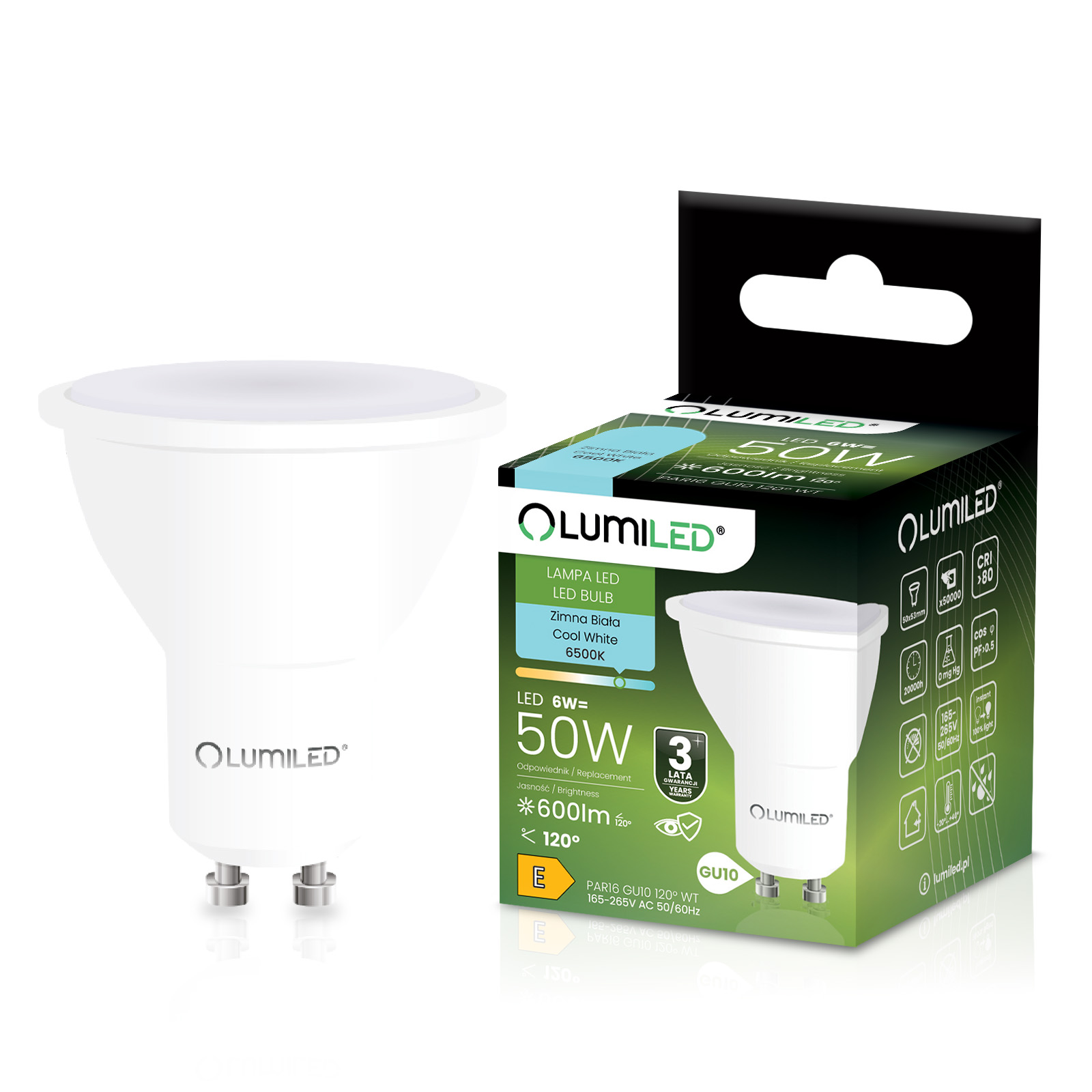 Żarówka LED GU10 Reflektor PAR16 6W = 50W 600lm 6500K Zimna 120° LUMILED - główne zdjęcie produktu