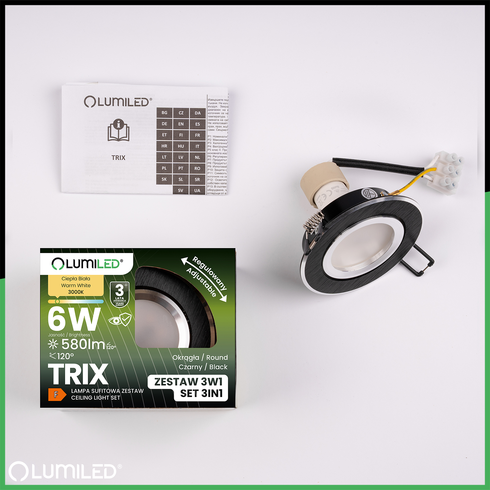 Oprawa Halogenowa Podtynkowa Okrągła Ruchoma TRIX 3w1 GU10 6W 3000K Czarny LUMILED - skład produktu