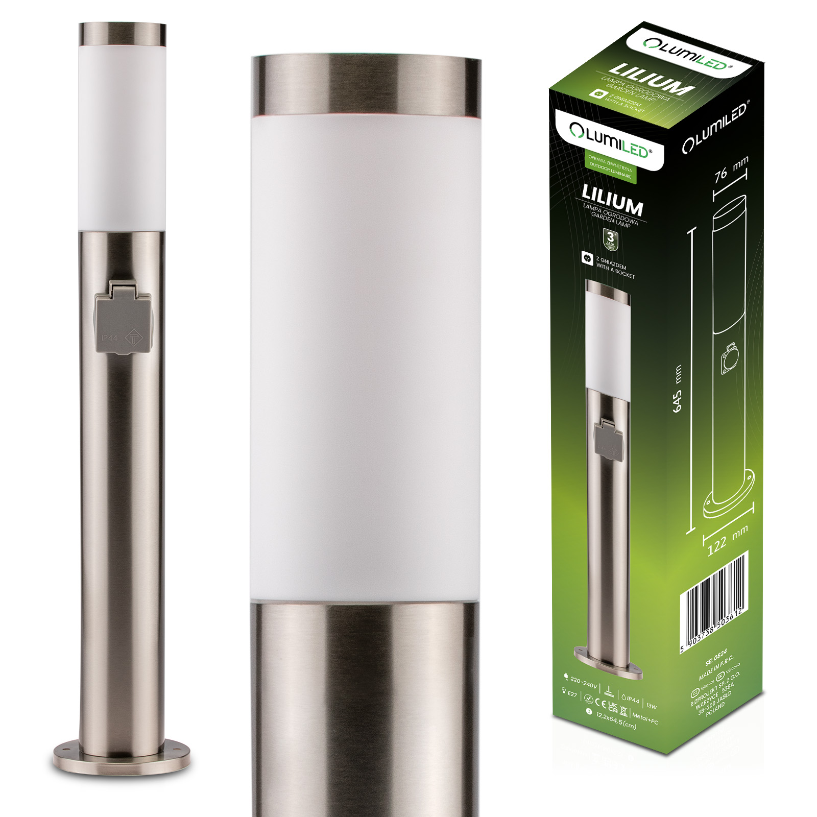 Lampa Ogrodowa Zewnętrzna E27 INOX SŁUPEK 65cm z Gniazdem 230V Lilium LUMILED - główne zdjęcie produktu