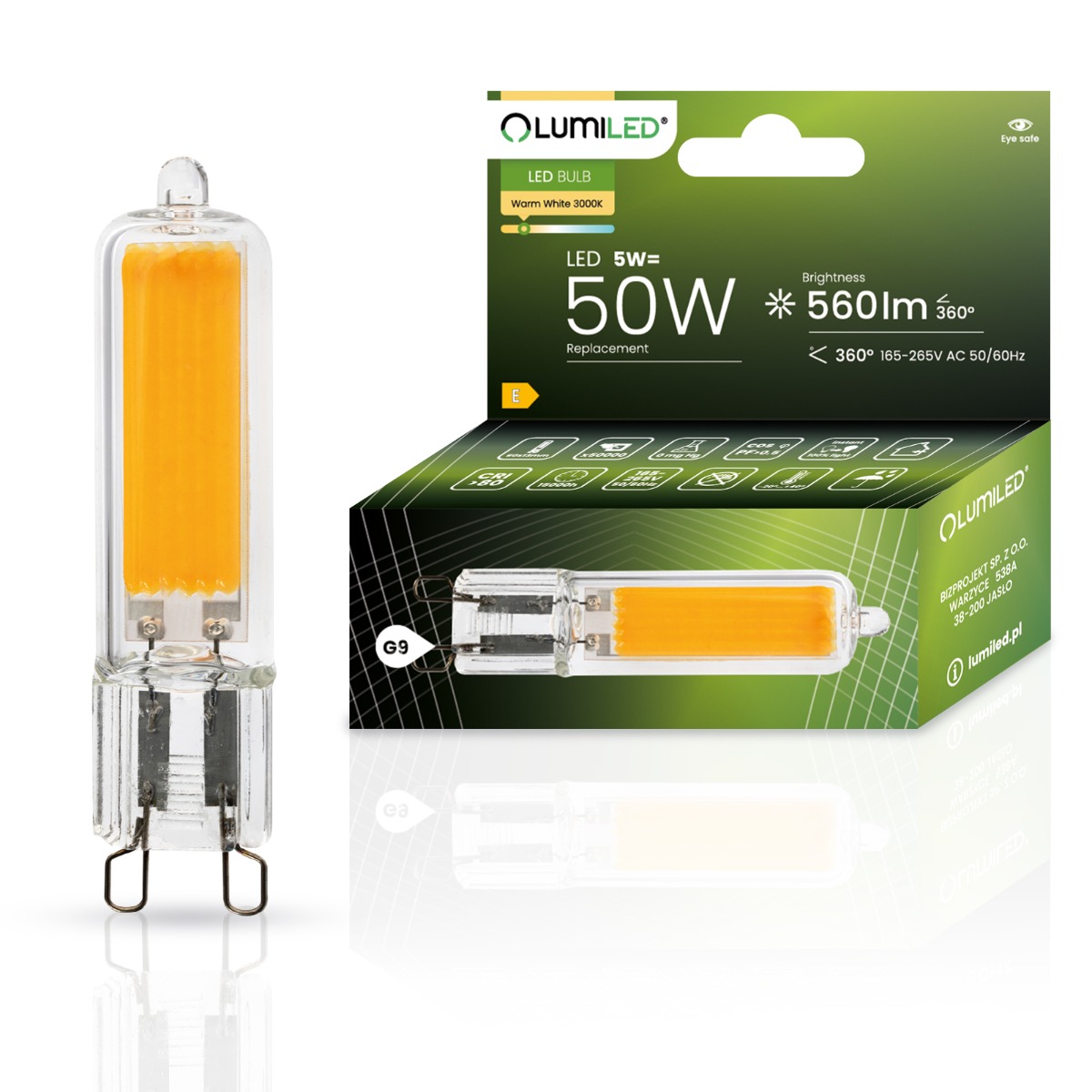 Żarówka LED G9 Kapsułka 5W = 50W 560lm 3000K Ciepła 360° FILAMENT LUMILED - główne zdjęcie produktu