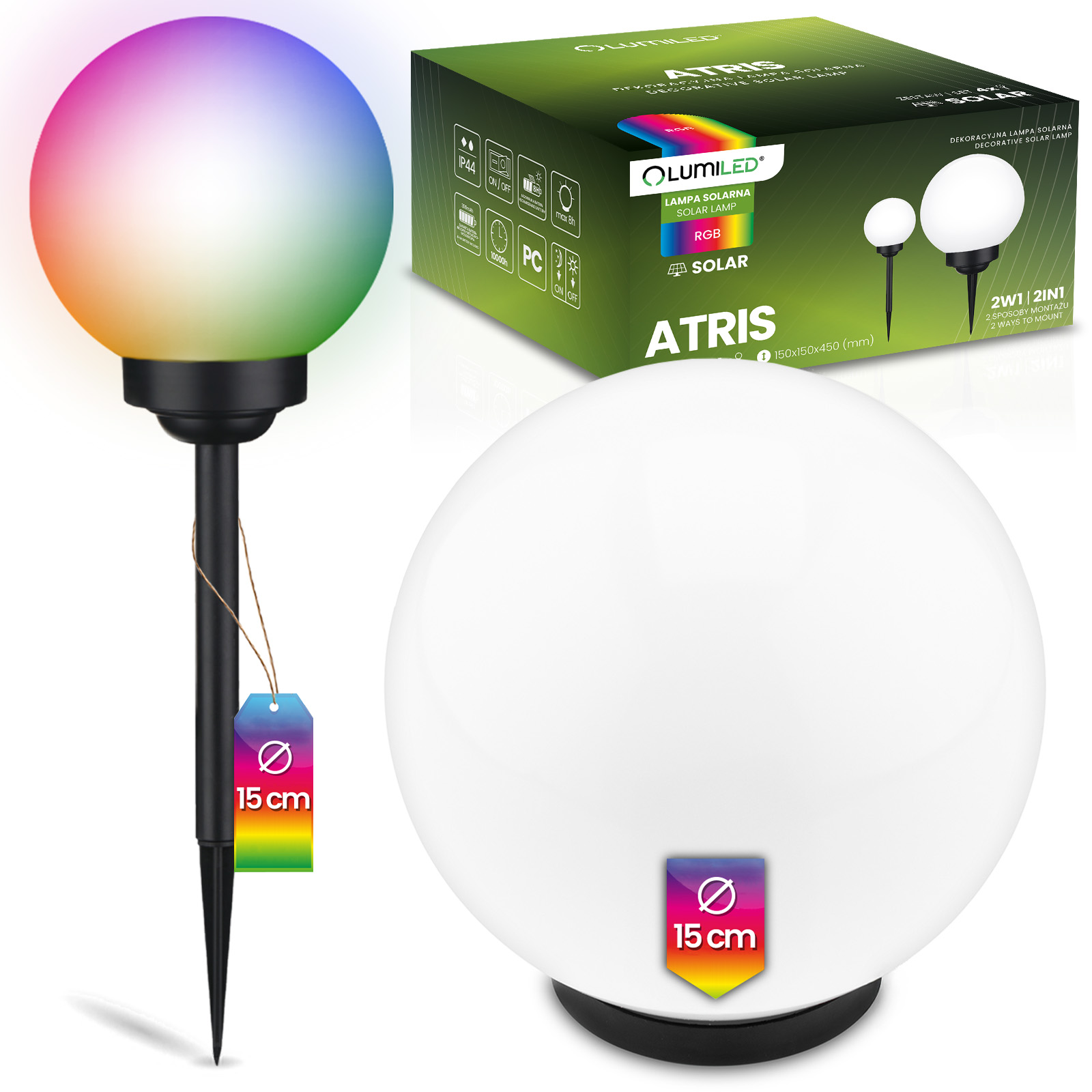 Lampa Solarna Ogrodowa LED ATRIS Wbijana Naziemna Biała Kula 15cm RGB LUMILED - główne zdjęcie produktu