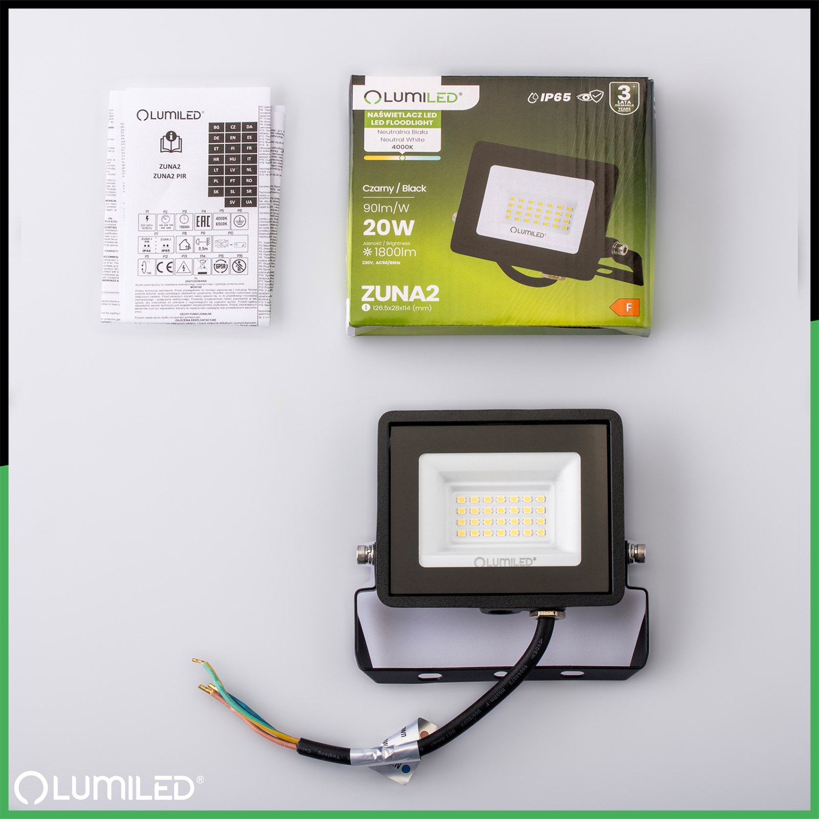 Naświetlacz LED ZUNA2 20W 1800lm 4000K IP65 Czarny LUMILED - skład produktu