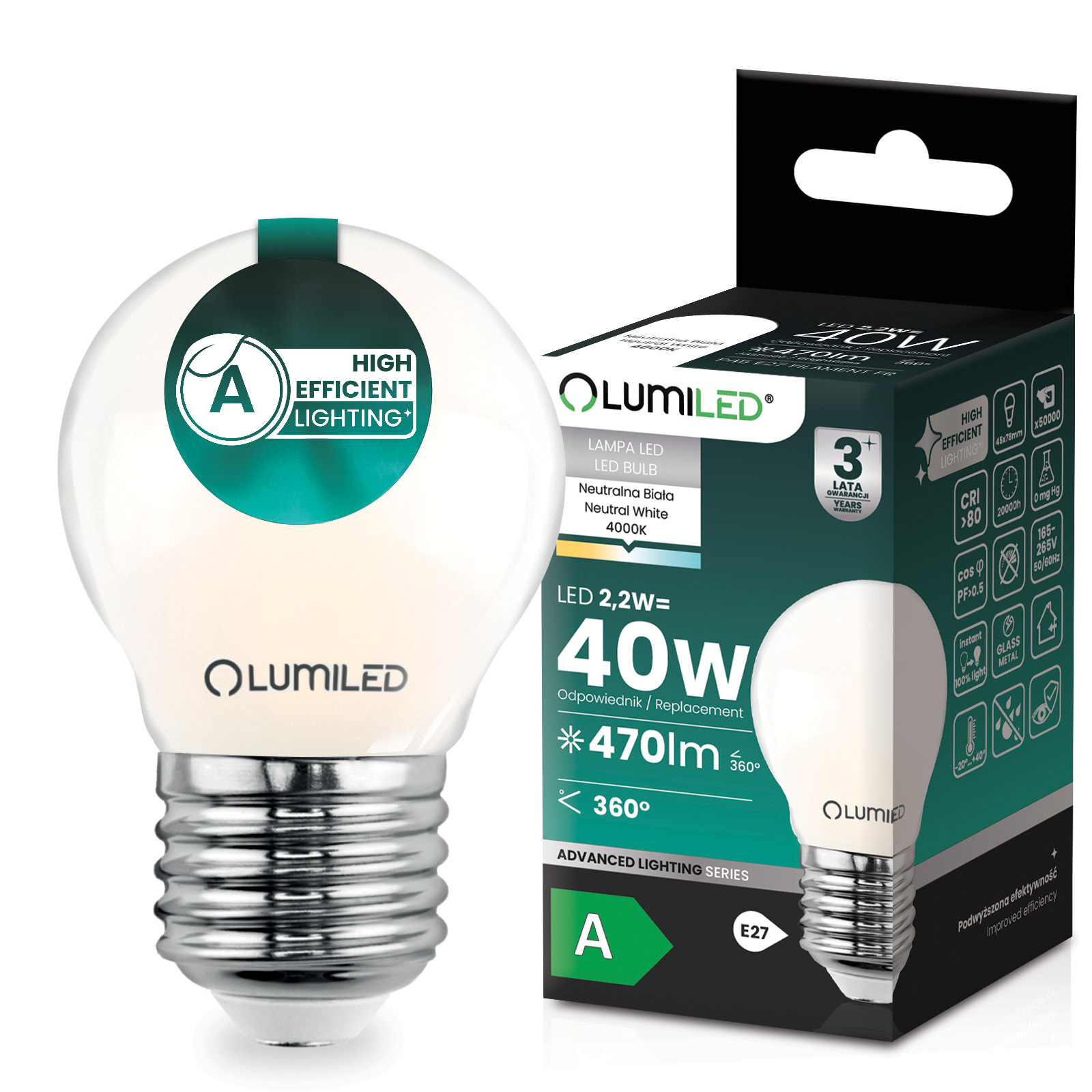 Żarówka LED E27 Kulka P45 2,2W 470lm = 40W 4000K Neutralna 360° Filament KLASA A LUMILED - główne zdjęcie produktu