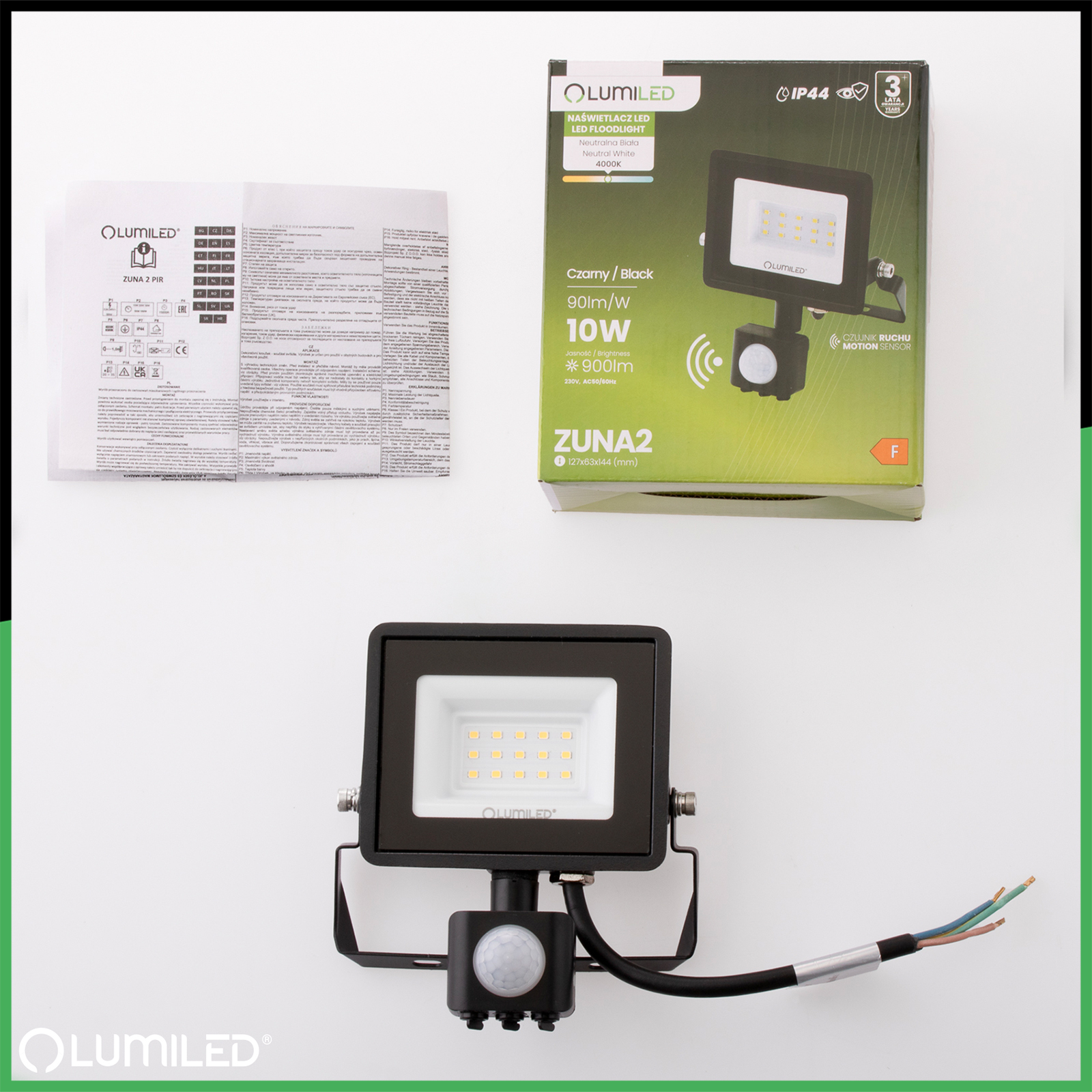 Naświetlacz LED ZUNA2 10W 900lm 4000K IP44 Czarny Czujnik Ruchu LUMILED - skład produktu