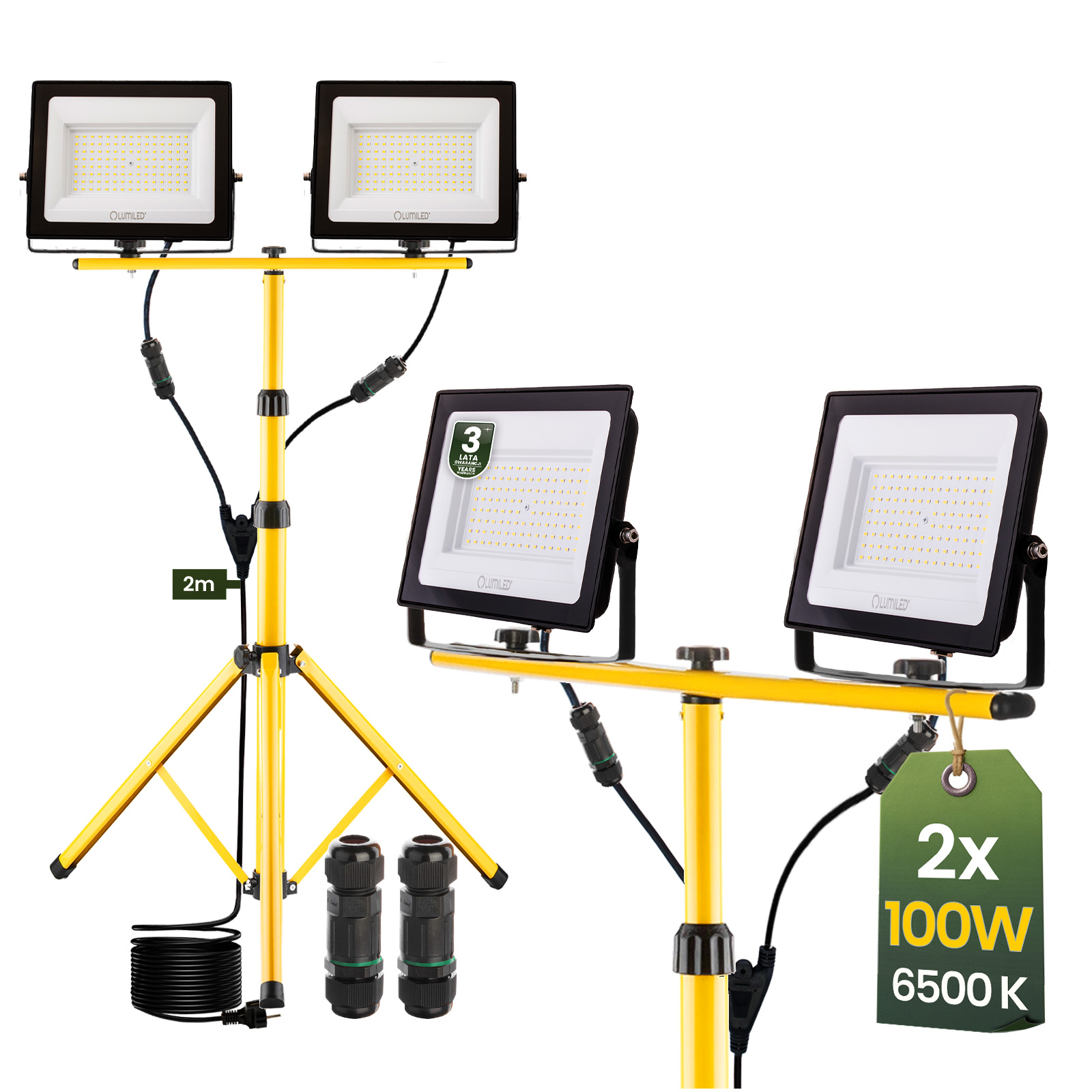 Naświetlacz LED Lampa 2x 100W Robocza Statyw Budowlany 6500K - główne zdjęcie produktu