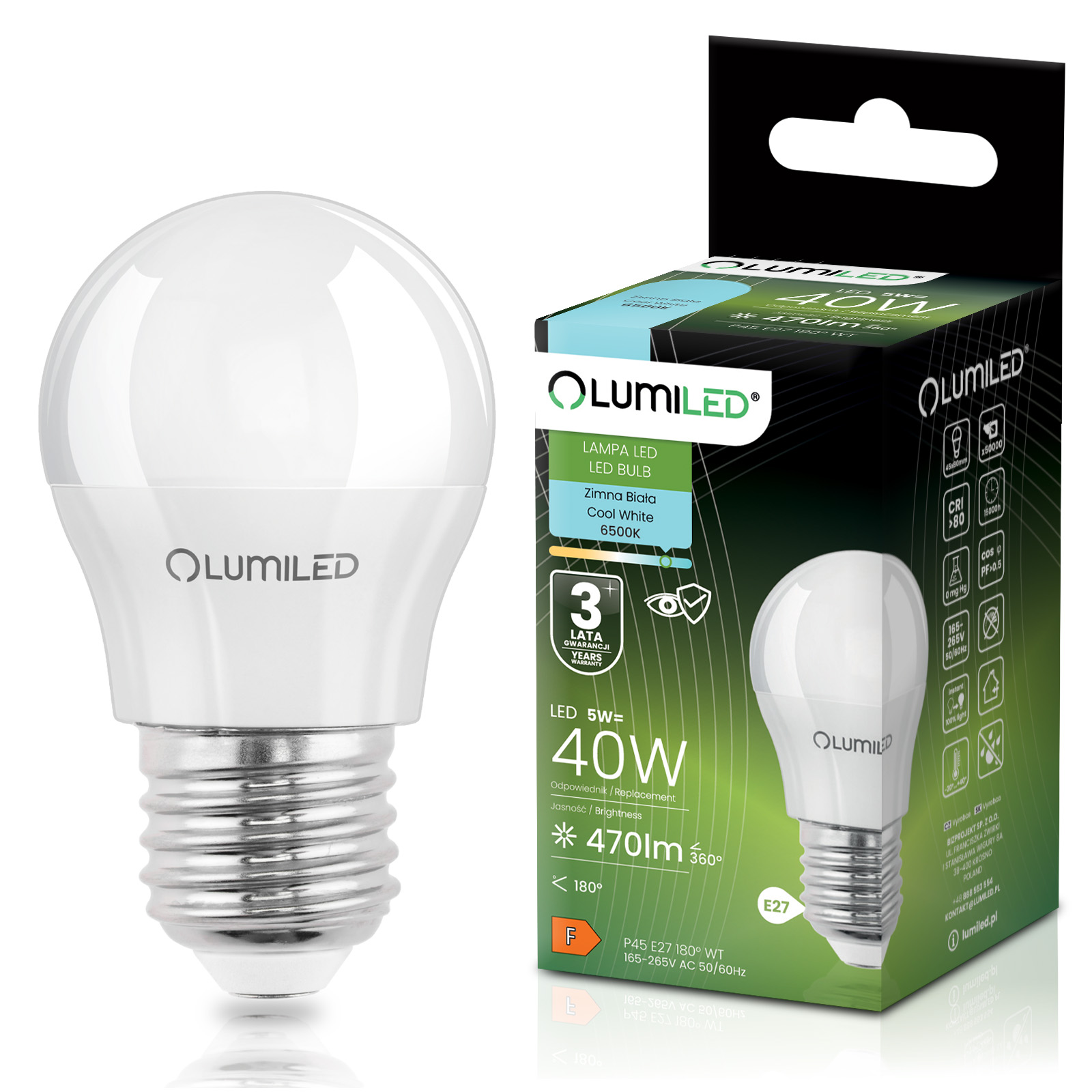 Żarówka LED E27 Kulka P45 5W = 40W 470lm 6500K Zimna 180° LUMILED - główne zdjęcie produktu