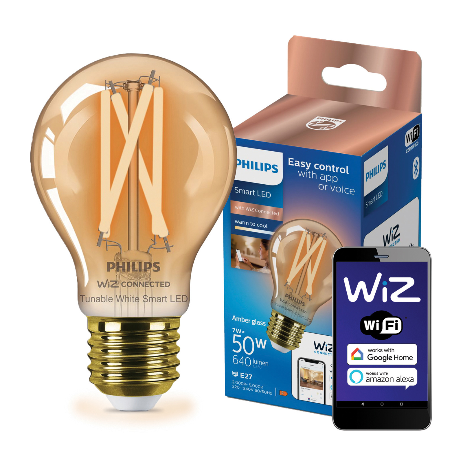 Żarówka LED E27 A60 7W = 50W 640lm 2000-5000K TW FILAMENT Bursztynowa Inteligentna SMART WiFi Bluetooth Aplikacja WiZ Philips - główne zdjęcie produktu