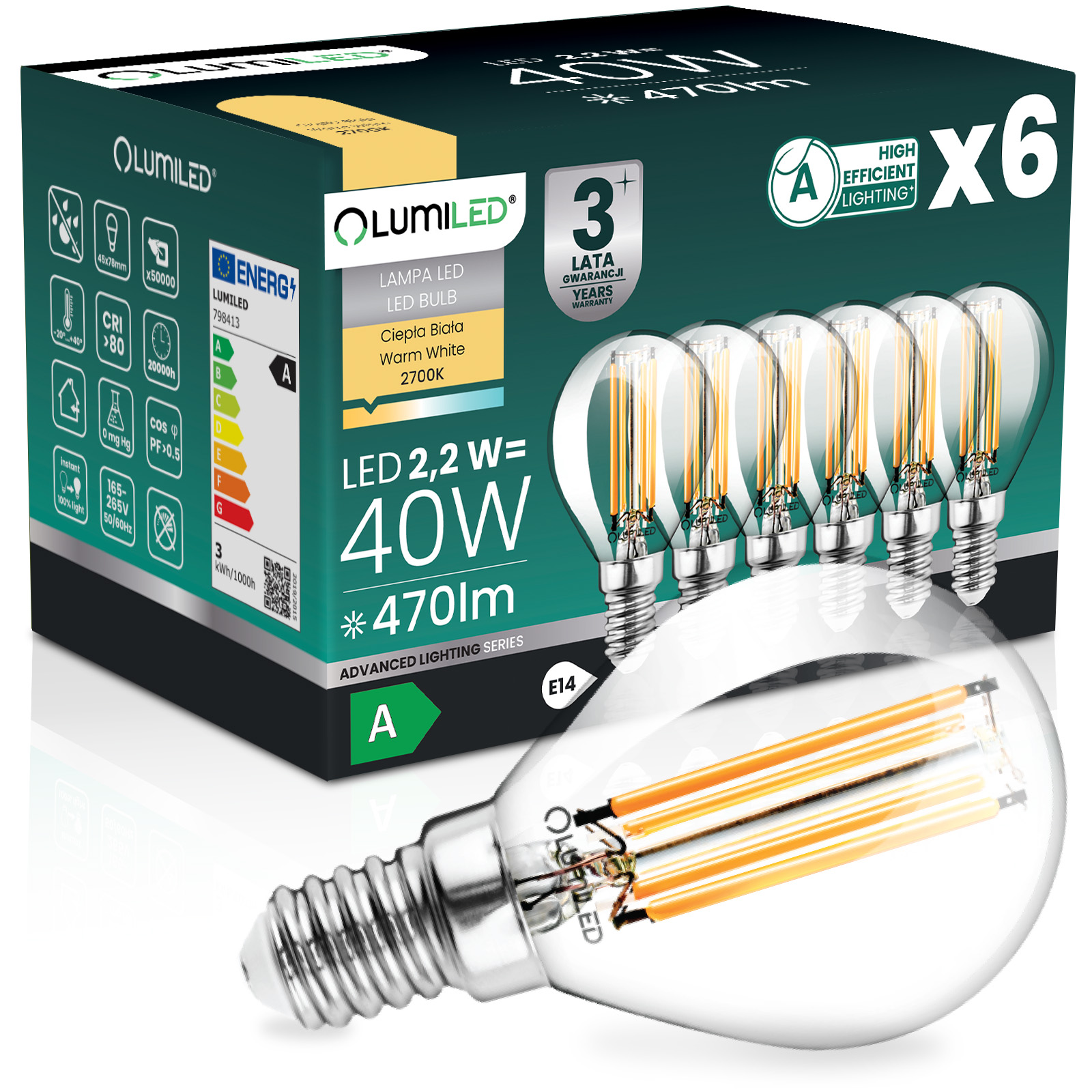 6x Żarówka LED E14 Kulka P45 2,2W 470lm = 40W 2700K Ciepła 360° Filament KLASA A LUMILED - główne zdjęcie produktu