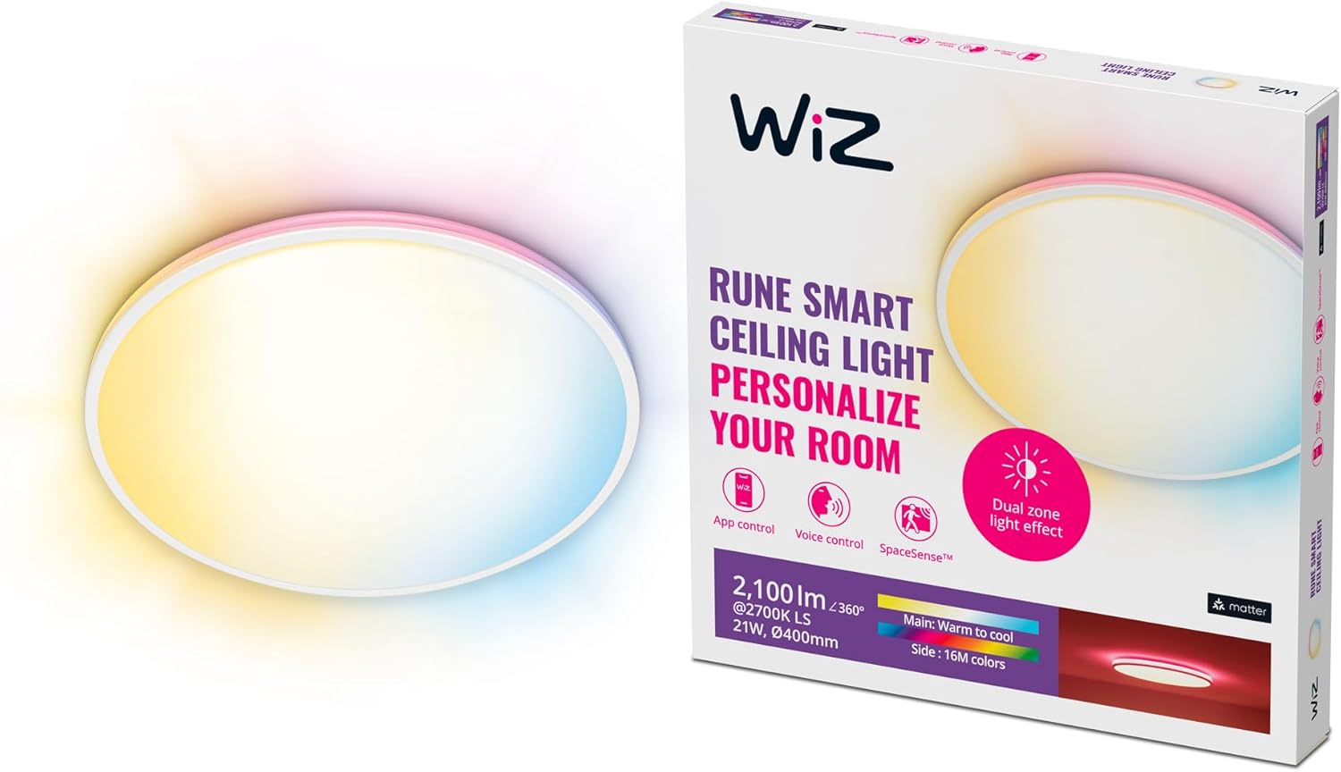 Plafon LED Lampa Sufitowa Natynkowa 21W 2100lm 2700-6500K RGB + TW 40cm Biała Okrągła Inteligentna SMART WiFi Bluetooth Aplikacja Rune WiZ - główne zdjęcie produktu