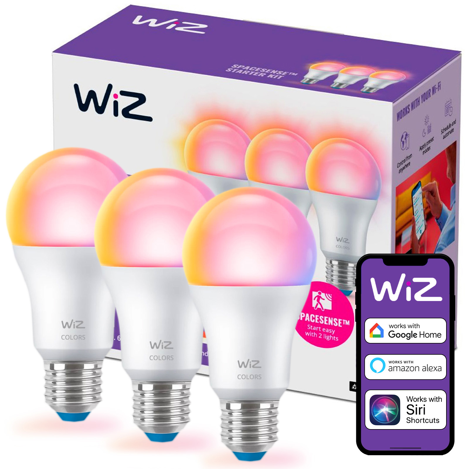 3x Żarówka LED E27 A60 8.8W = 60W 806lm 2200-6500K RGB + TW Inteligentna SMART WiFi Bluetooth Aplikacja WiZ - główne zdjęcie produktu