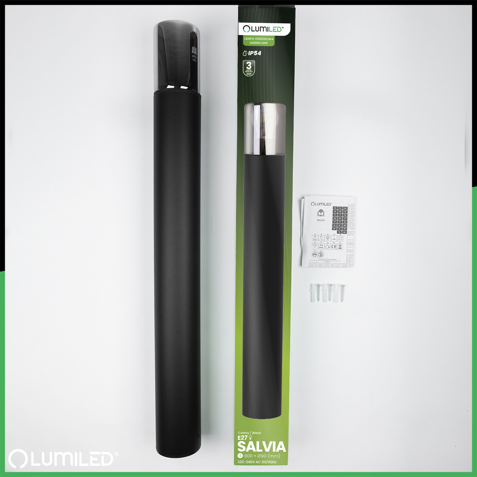 Lampa Ogrodowa Stojąca Zewnętrzna Słupek NA ŻARÓWKE E27 Czarna SZKŁO IP54 80 cm SALVIA LUMILED - skład produktu