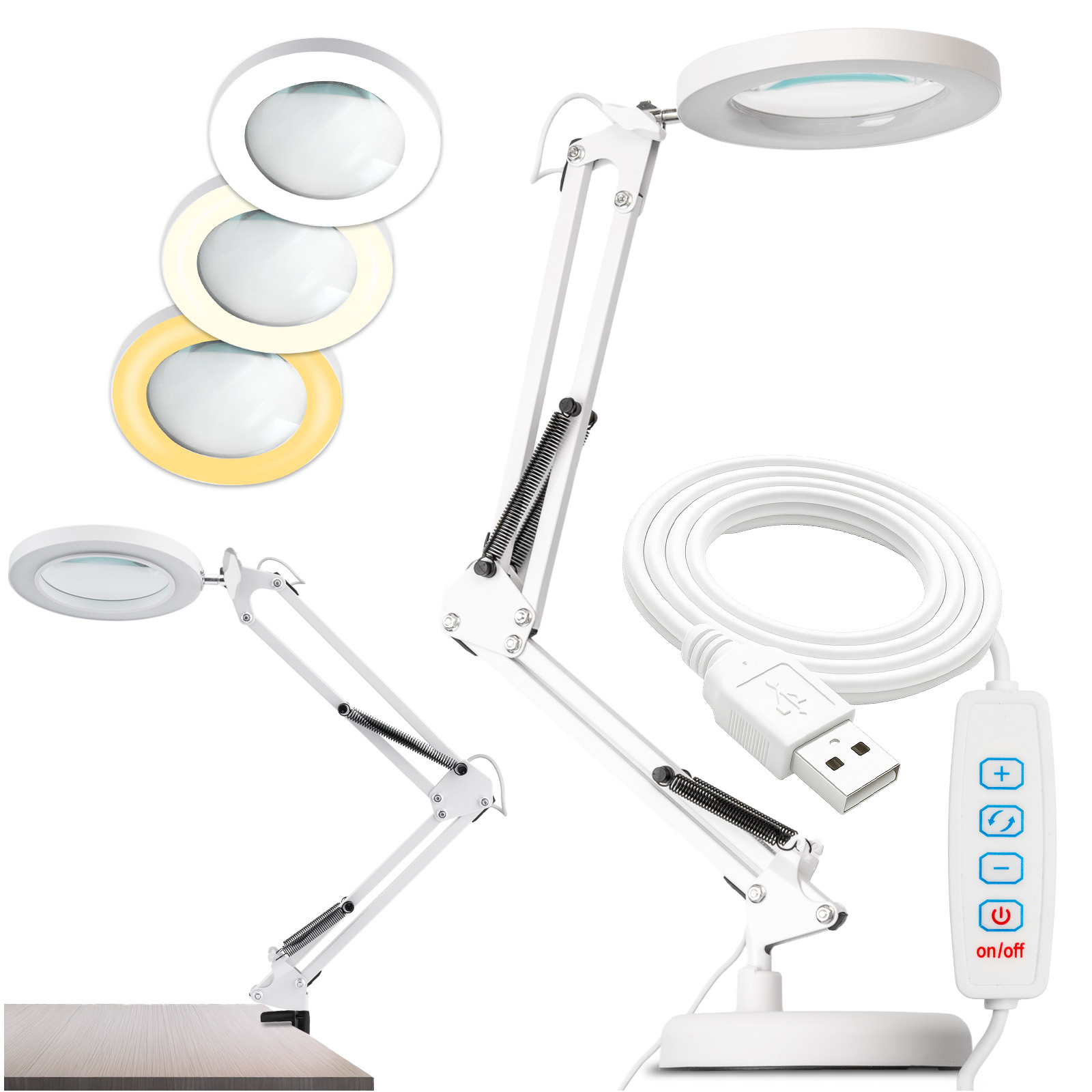 Lampka Biurkowa LED 8W CCT Kreślarska Stołowa 3x Szkło Powiększające Lupa LUCA 2 Biała LUMILED - główne zdjęcie produktu