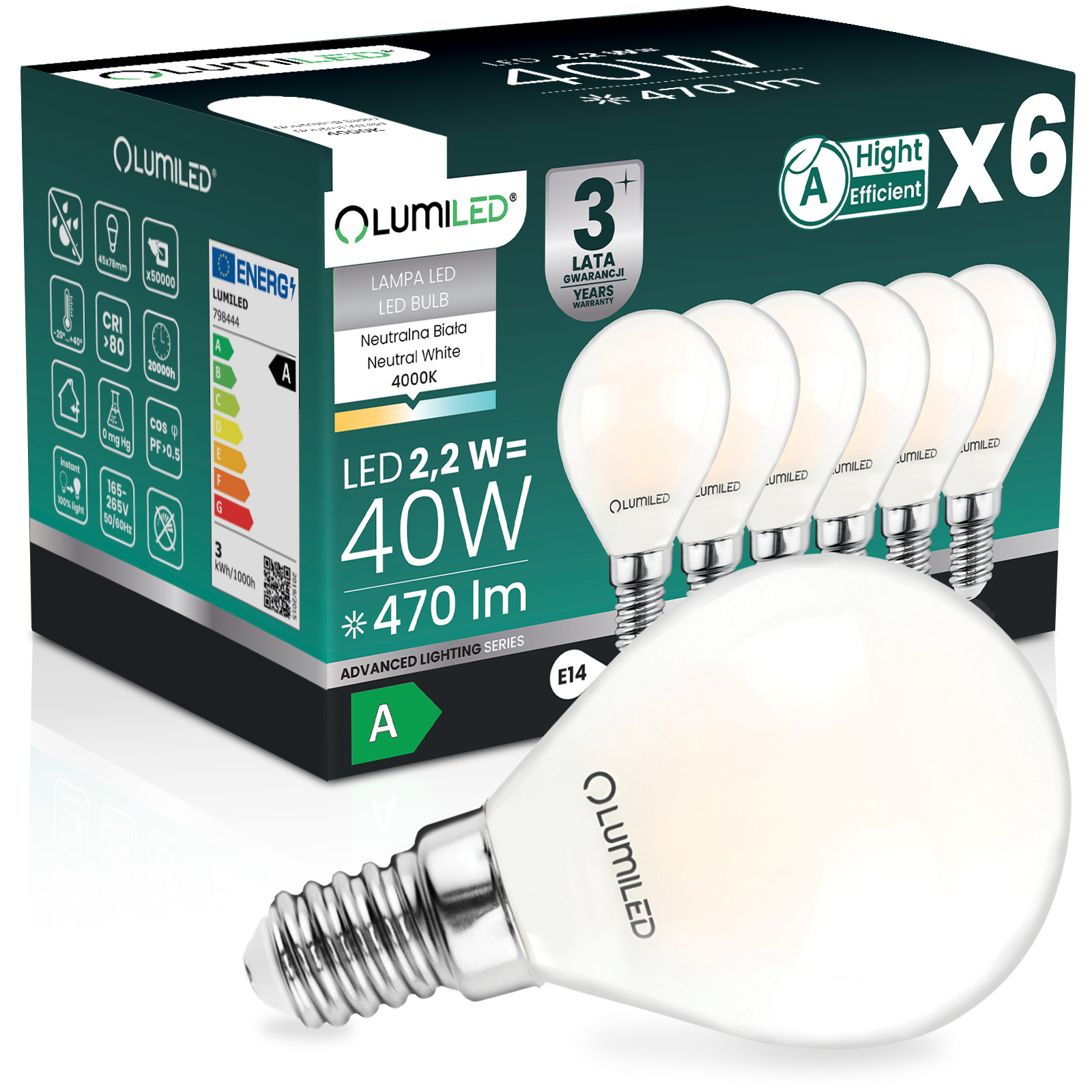 6x Żarówka LED E14 Kulka P45 2,2W 470lm = 40W 4000K Neutralna 360° Filament KLASA A LUMILED - główne zdjęcie produktu
