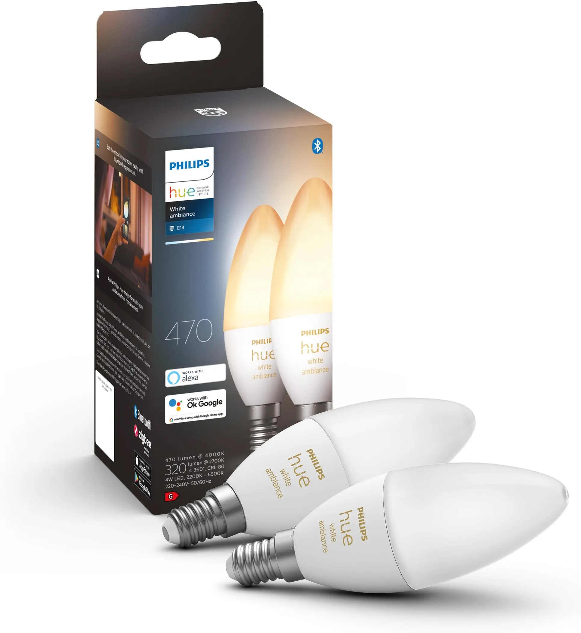 2x Żarówka LED E14 Świeczka B39 5.2W = 40W 470lm 2200-6500K CCT SMART Inteligentna Bluetooth ZigBee White Ambiance Philips HUE - główne zdjęcie produktu