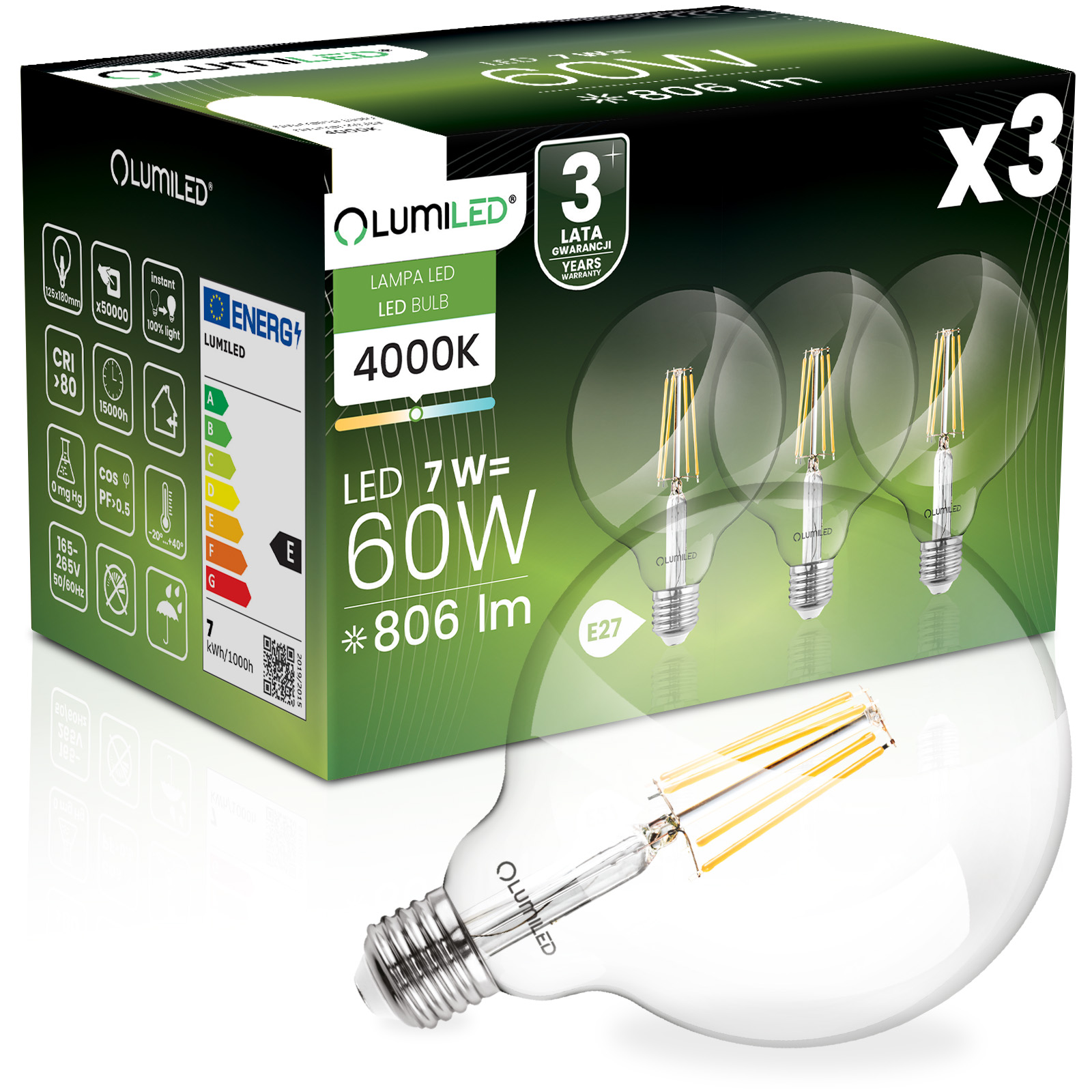 3x Żarówka LED E27 Kula G125 7W = 60W 806lm 4000K Neutralna 360° FILAMENT LUMILED - główne zdjęcie produktu