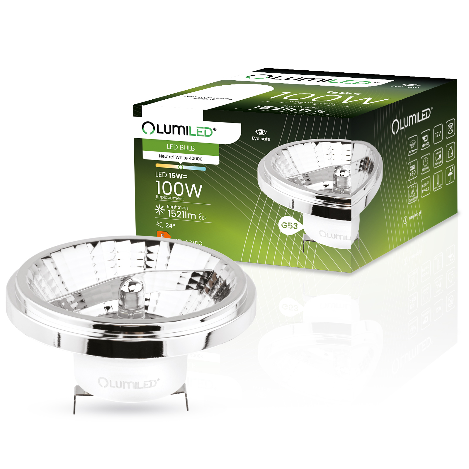 Żarówka LED G53 Reflektor AR111 15W = 100W 1521lm 4000K Neutralna 24° 12V Srebrna LUMILED - główne zdjęcie produktu