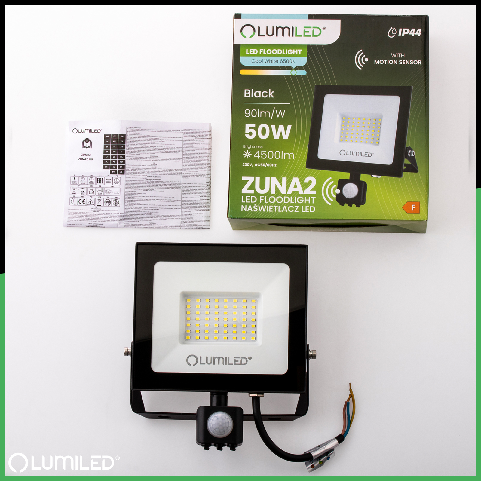 Naświetlacz LED ZUNA2 50W 4500lm 6500K IP44 Czarny Czujnik Ruchu LUMILED - skład produktu