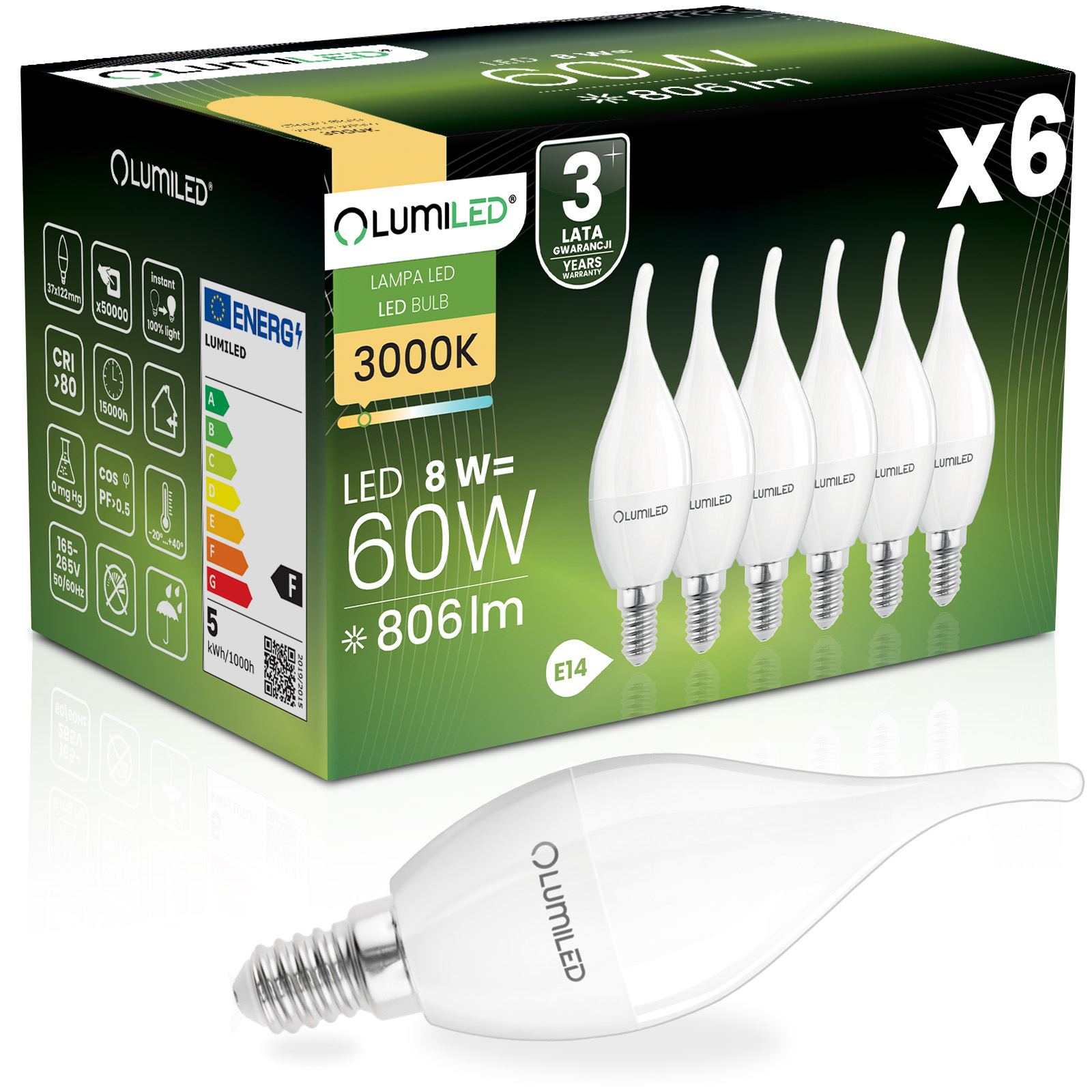 6x Żarówka LED E14 Świeczka BA35 8W = 60W 806lm 3000K Ciepła 180° LUMILED - główne zdjęcie produktu