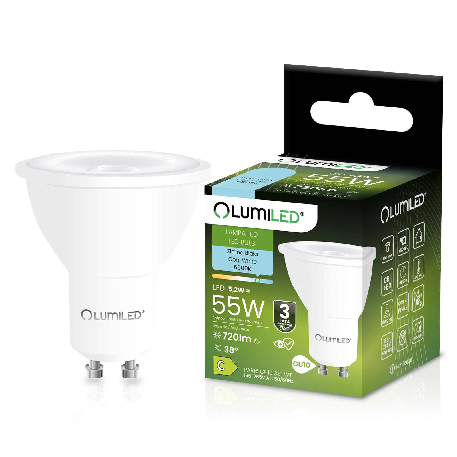 Żarówka LED GU10 Reflektor PAR16 5,2W = 55W 720LM 6500K Zimna 38° LUMILED - główne zdjęcie produktu