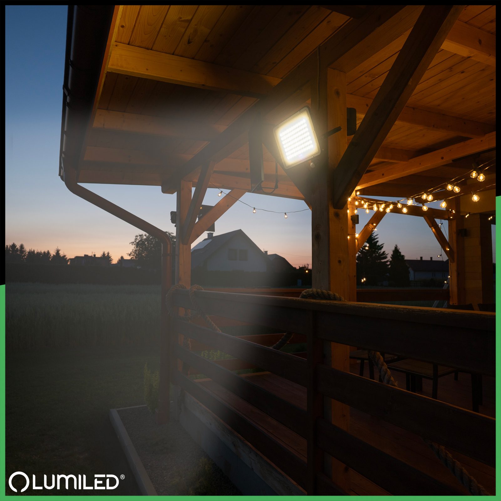 Naświetlacz Solarny LED Halogen 300W Lampa Ogrodowa 4000K IP65 Czujnik Ruchu PIR + Pilot FULGOR LUMILED - aranżacja