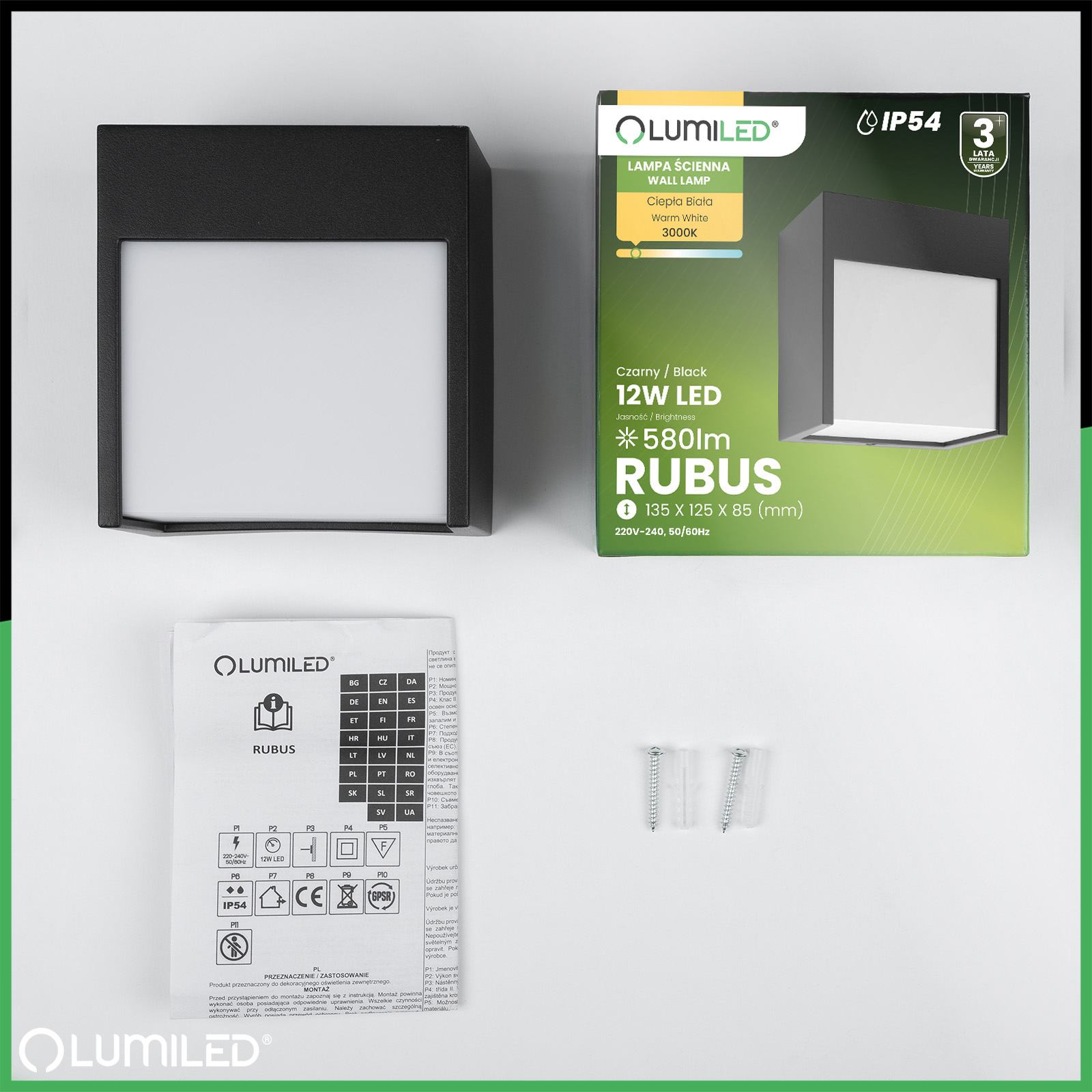 Lampa Ogrodowa Ścienna LED Kinkiet Elewacyjny Zewnętrzny IP54 12W 3000K RUBUS LUMILED - skład produktu