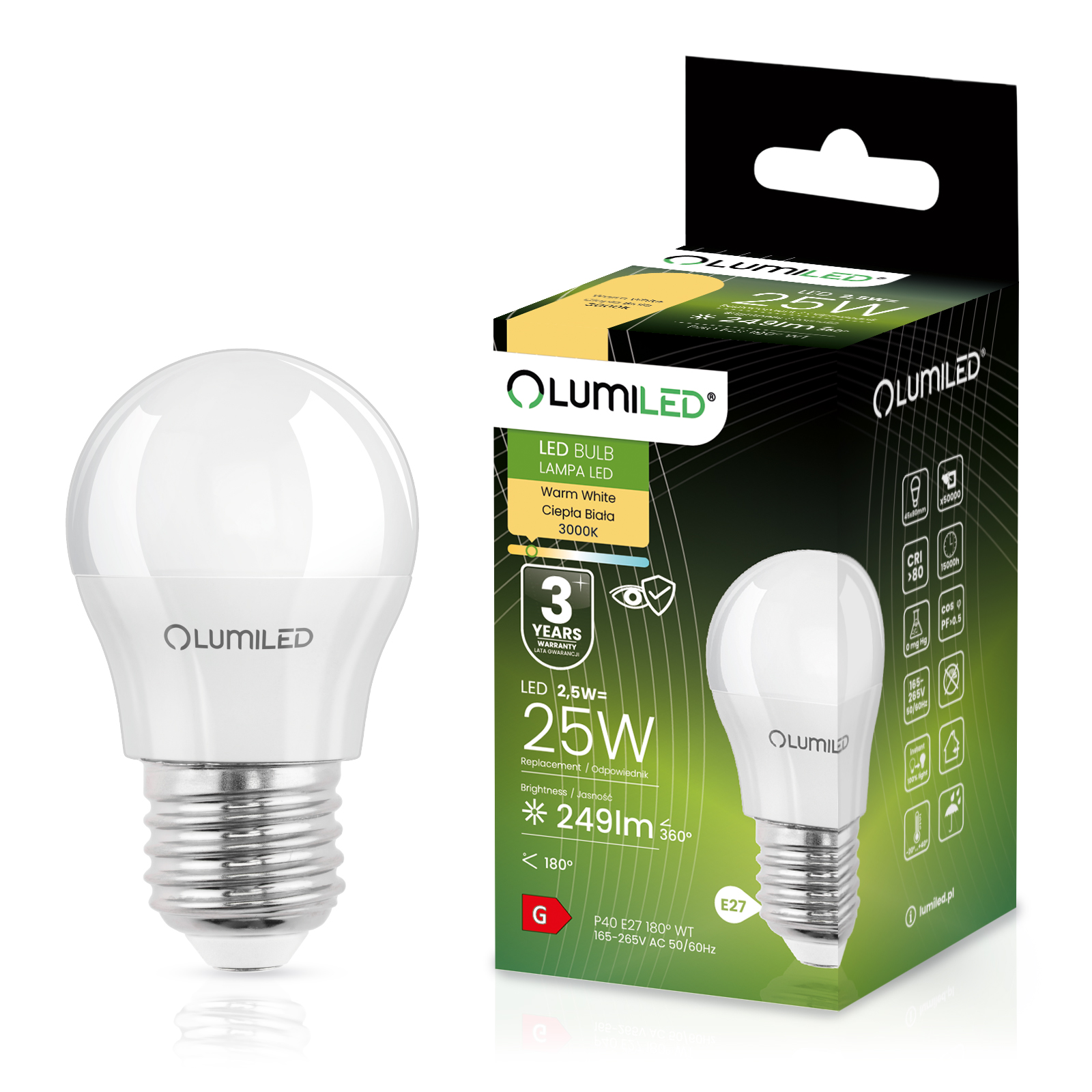 Żarówka LED E27 Kulka P45 2,5W = 25W 249lm 3000K Ciepła 180° LUMILED - główne zdjęcie produktu