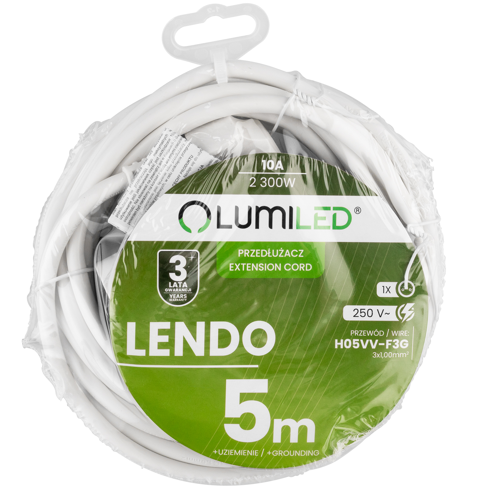Przedłużacz Sieciowy Kabel z Uziemieniem Listwa Zasilająca 1 Gniazdo 5m Biały Sznur Lendo Lumiled - skład produktu