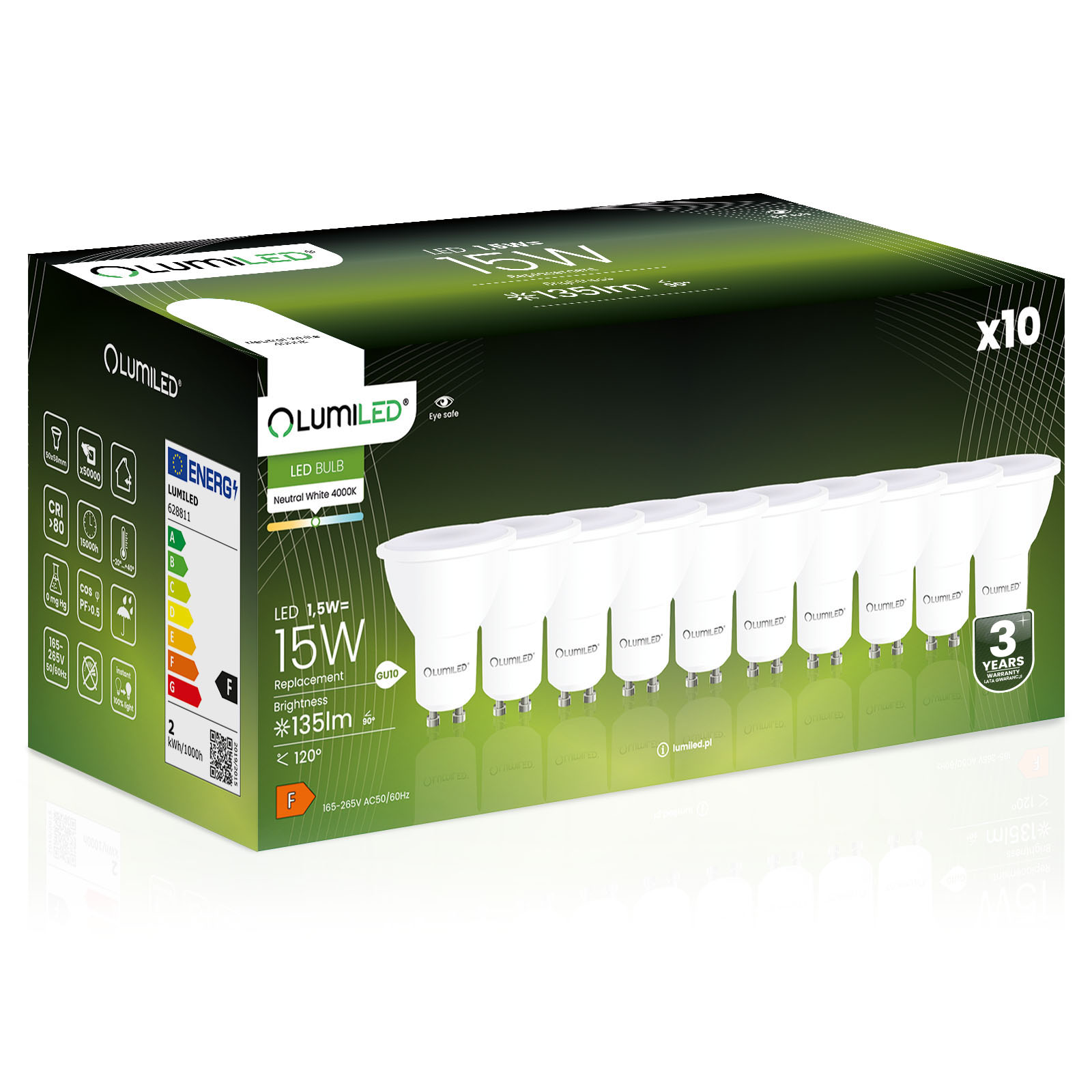 10x Żarówka LED GU10 Reflektor PAR16 1,5W = 15W 135lm 4000K Neutralna 120° LUMILED - główne zdjęcie produktu