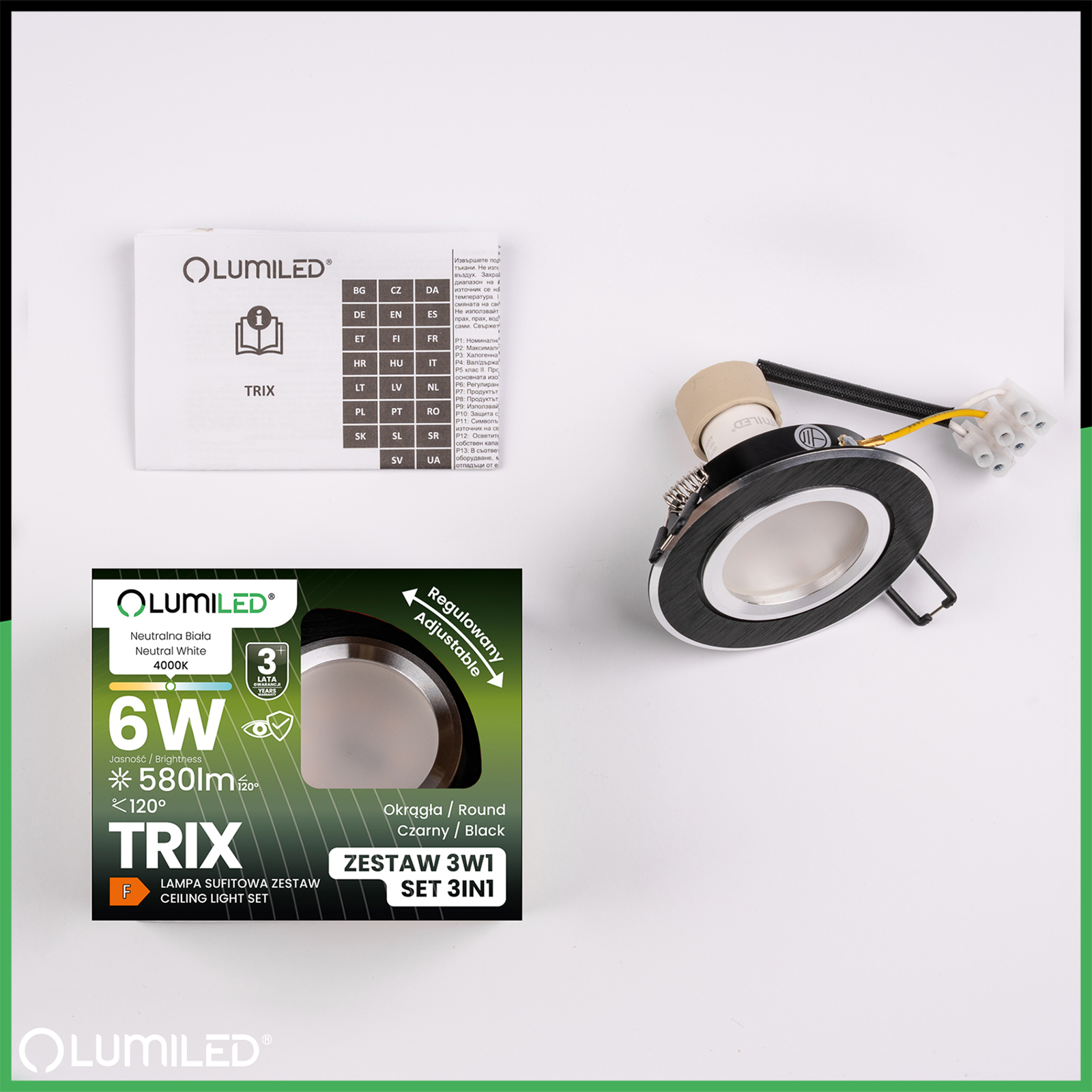 Oprawa Halogenowa Podtynkowa Okrągła Ruchoma TRIX 3w1 GU10 6W 4000K Czarny LUMILED - skład produktu