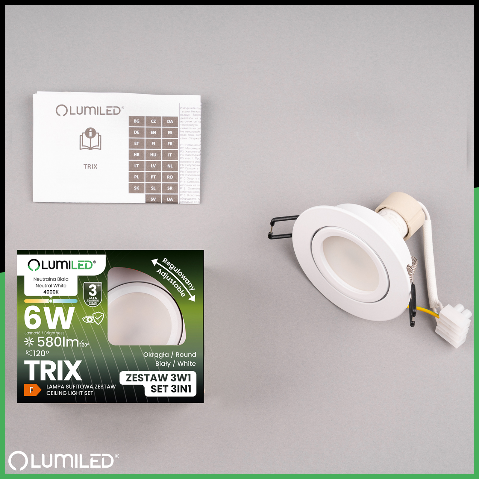Oprawa Halogenowa Podtynkowa Okrągła Ruchoma TRIX 3w1 GU10 6W 4000K BIAŁY MAT LUMILED - skład produktu