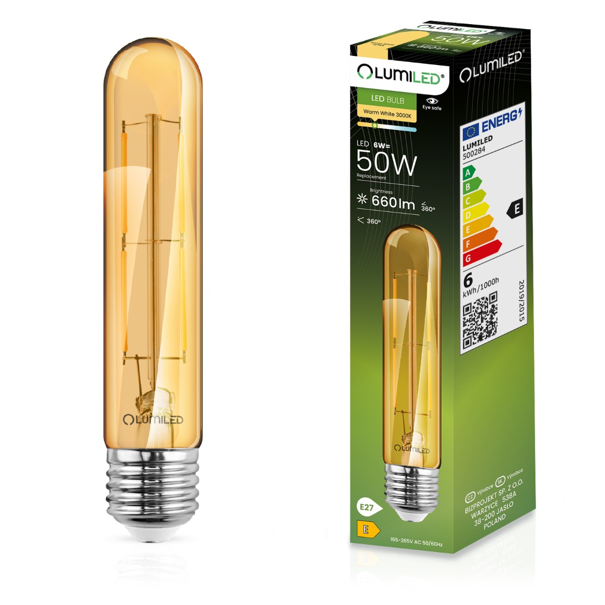 Żarówka LED E27 Tubularna T30 6W = 50W 660lm 2000K Ciepła 360° BURSZTYNOWA FILAMENT LUMILED - główne zdjęcie produktu
