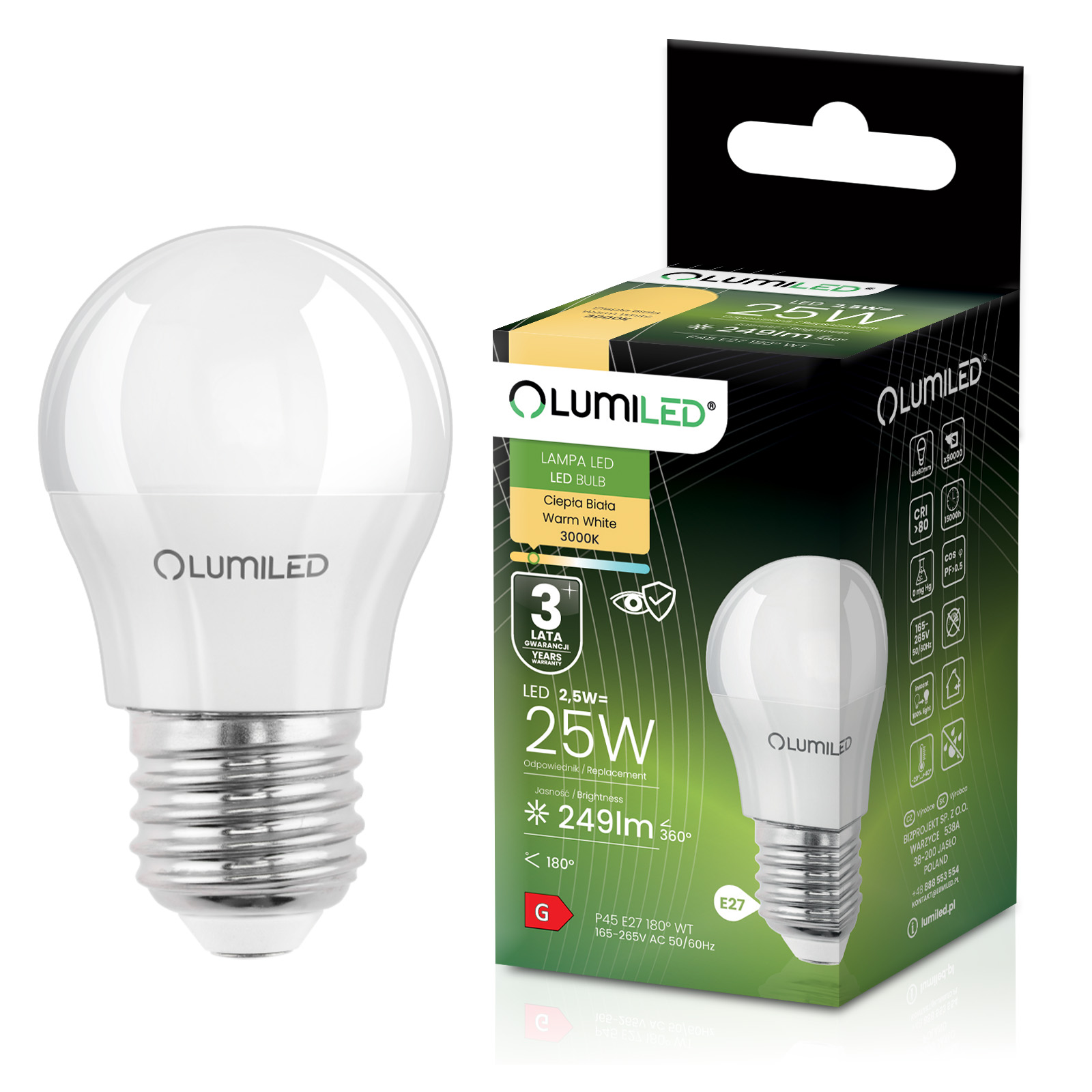 Żarówka LED E27 Kulka P45 2,5W = 25W 249lm 3000K Ciepła 180° LUMILED - główne zdjęcie produktu