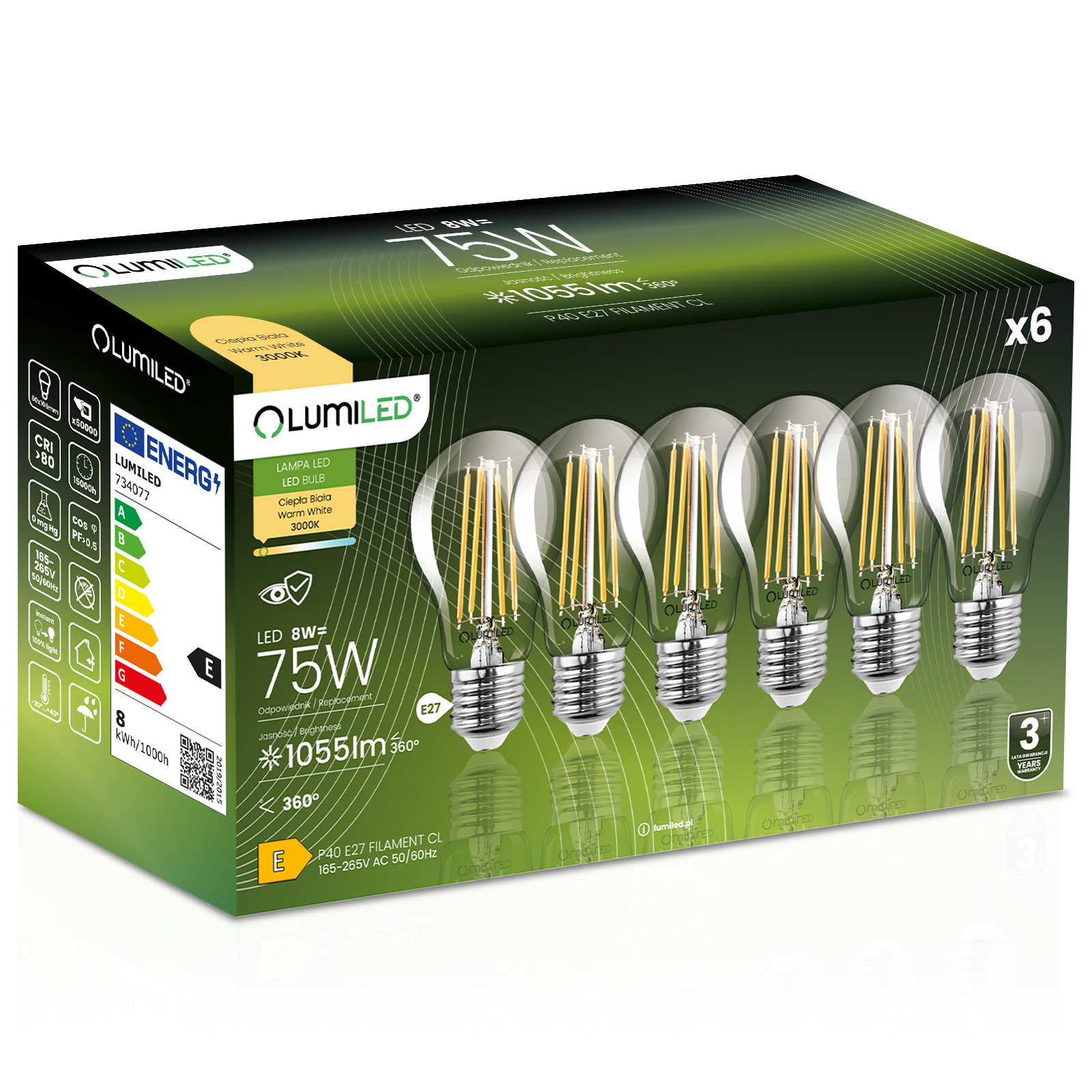 6x Żarówka LED E27 A60 8W = 75W 1055lm 3000K Ciepła 360° FILAMENT LUMILED - główne zdjęcie produktu