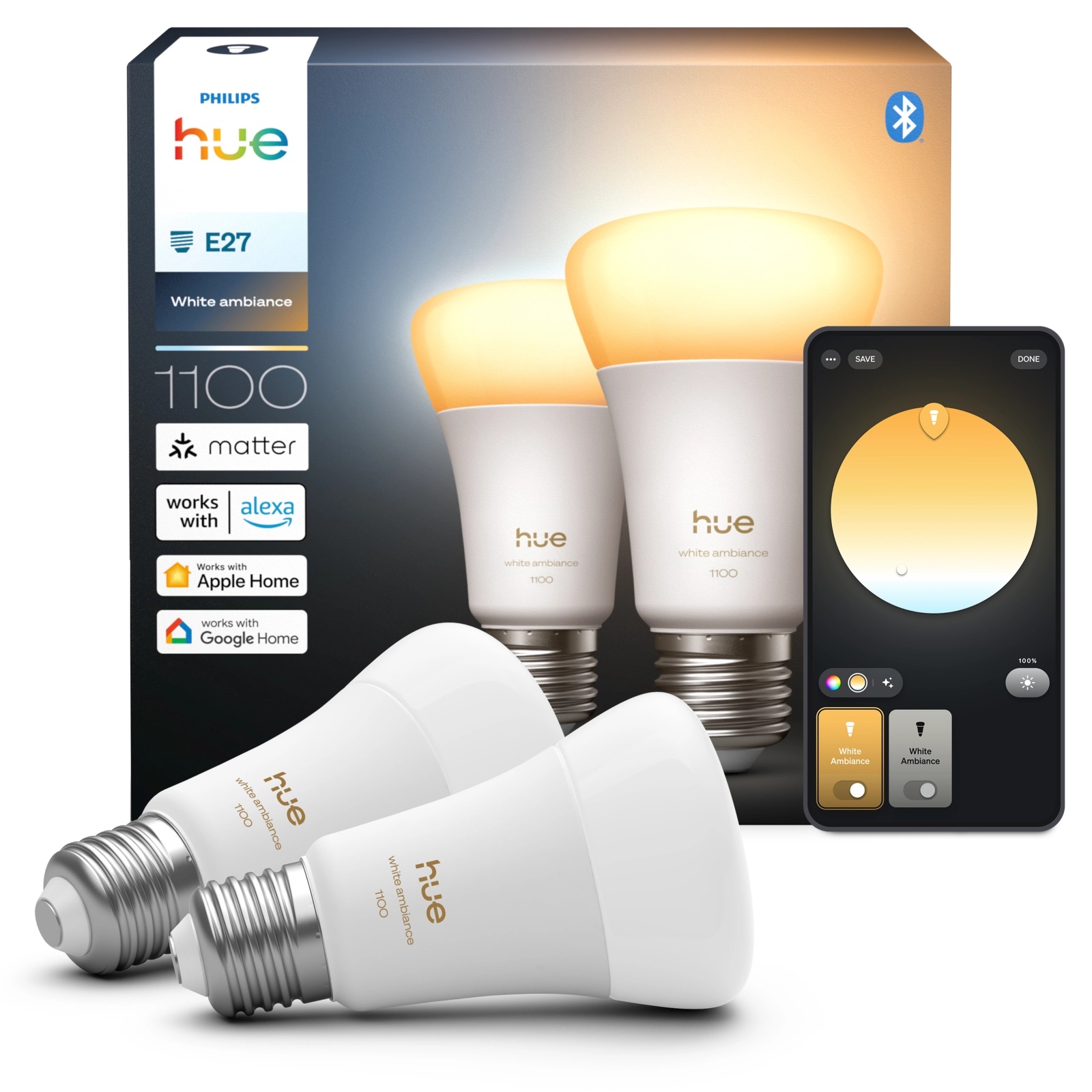 2x Żarówka LED E27 A60 8.1W = 75W 1100lm 1800-20000K CCT SMART Inteligentna Bluetooth ZigBee White Ambiance Philips HUE - główne zdjęcie produktu