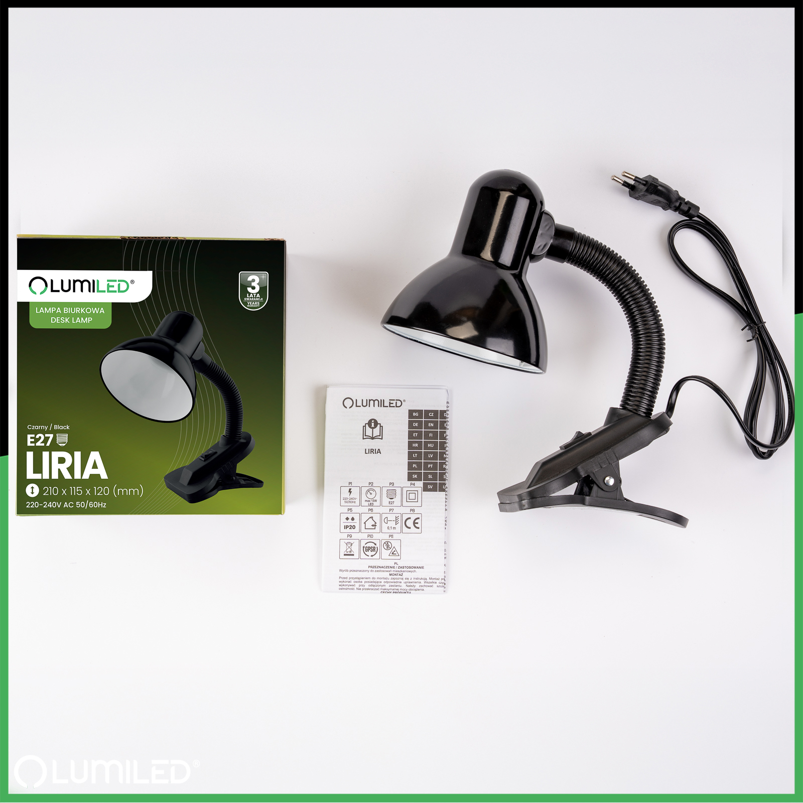 Lampka Biurkowa Stołowa Regulowana LIRIA Szkolna Nocna E27 Klips Czarna LUMILED - skład produktu