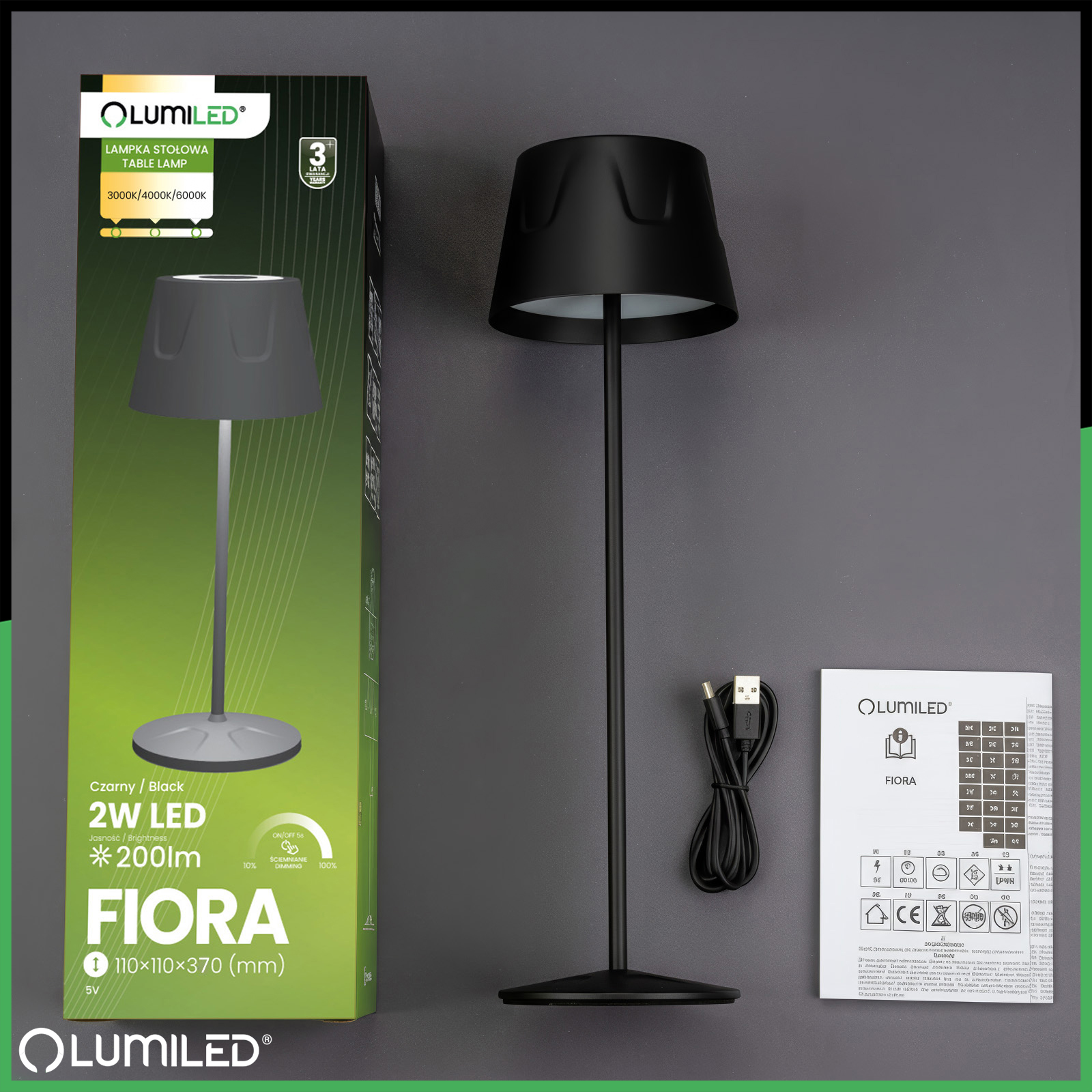 Lampa Ogrodowa LED Stojąca Ozdobna Stołowa Nocna USB Ściemnialna Dotykowa Czarna FIORA LUMILED - skład produktu
