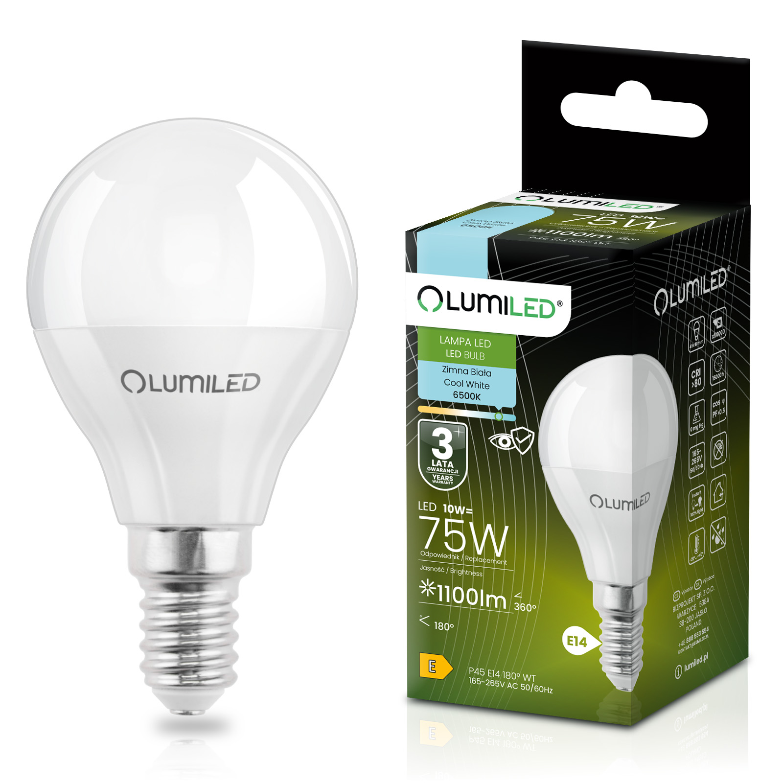 Żarówka LED E14 Kulka P45 10W = 75W 1100lm 6500K Zimna 180° LUMILED - główne zdjęcie produktu