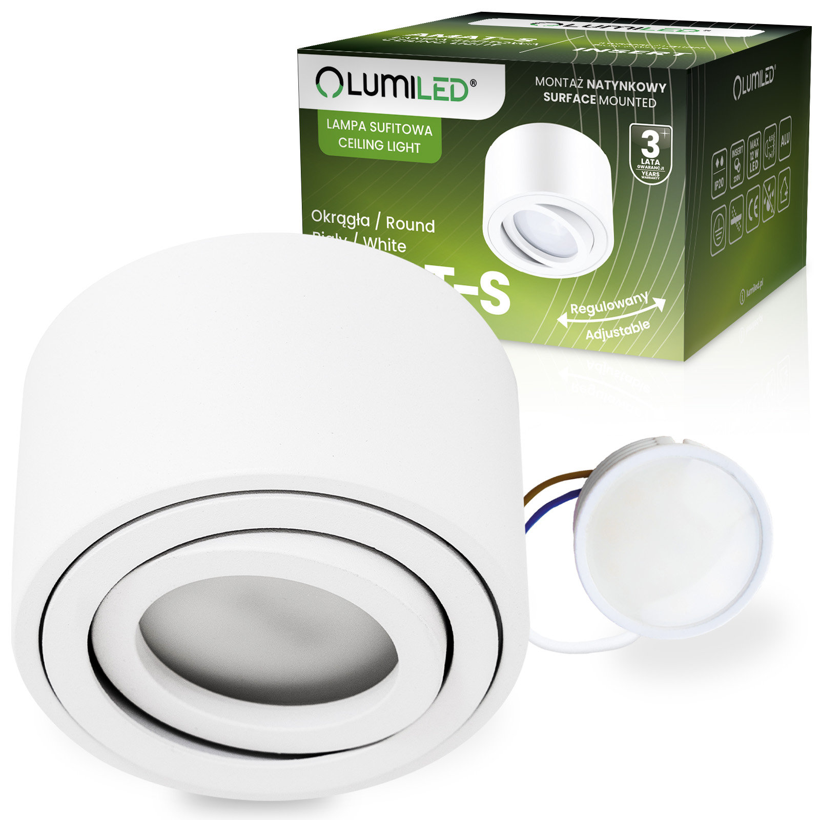 Oprawa Natynkowa HALOGENOWA Tuba Spot Ruchoma Okrągła Biała 50mm + Wkład LED 7W 3000K  AMAT-S LUMILED - główne zdjęcie produktu